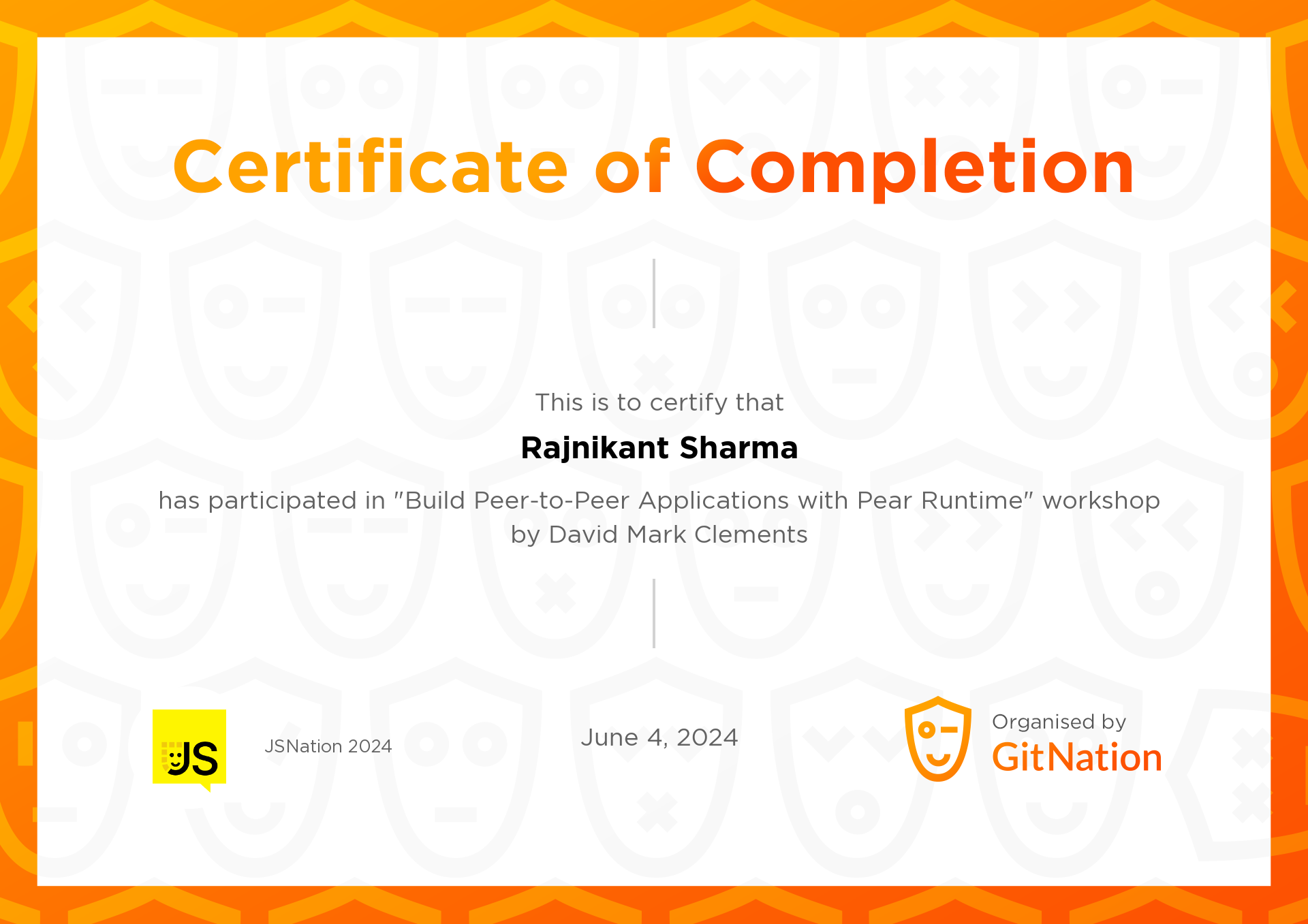 Rajnikant Sharma's Certificate from JS Nation