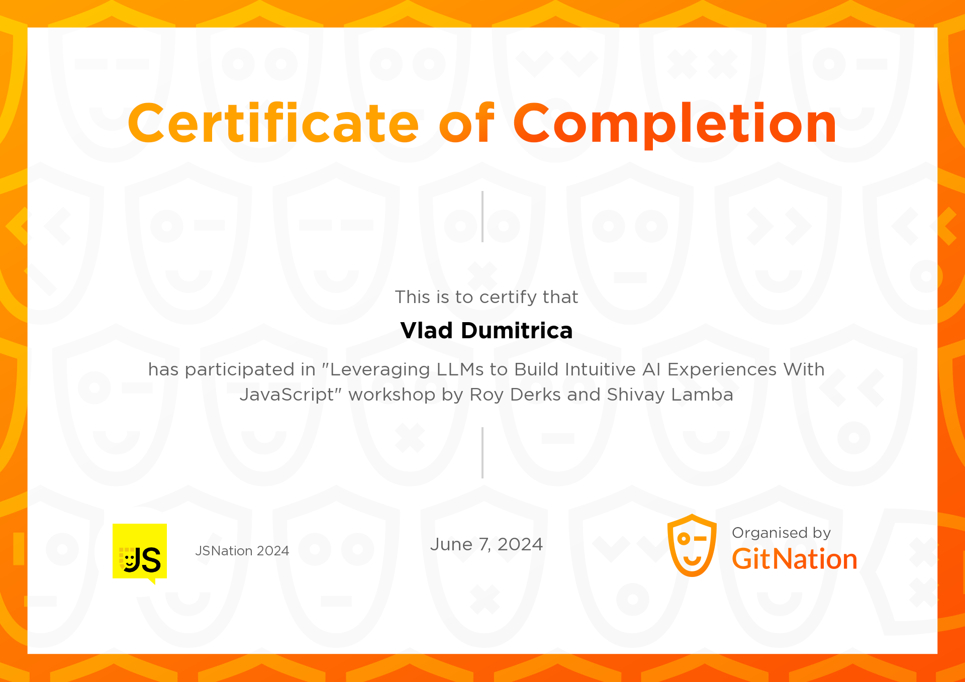 Vlad Dumitrica's Certificate from JS Nation