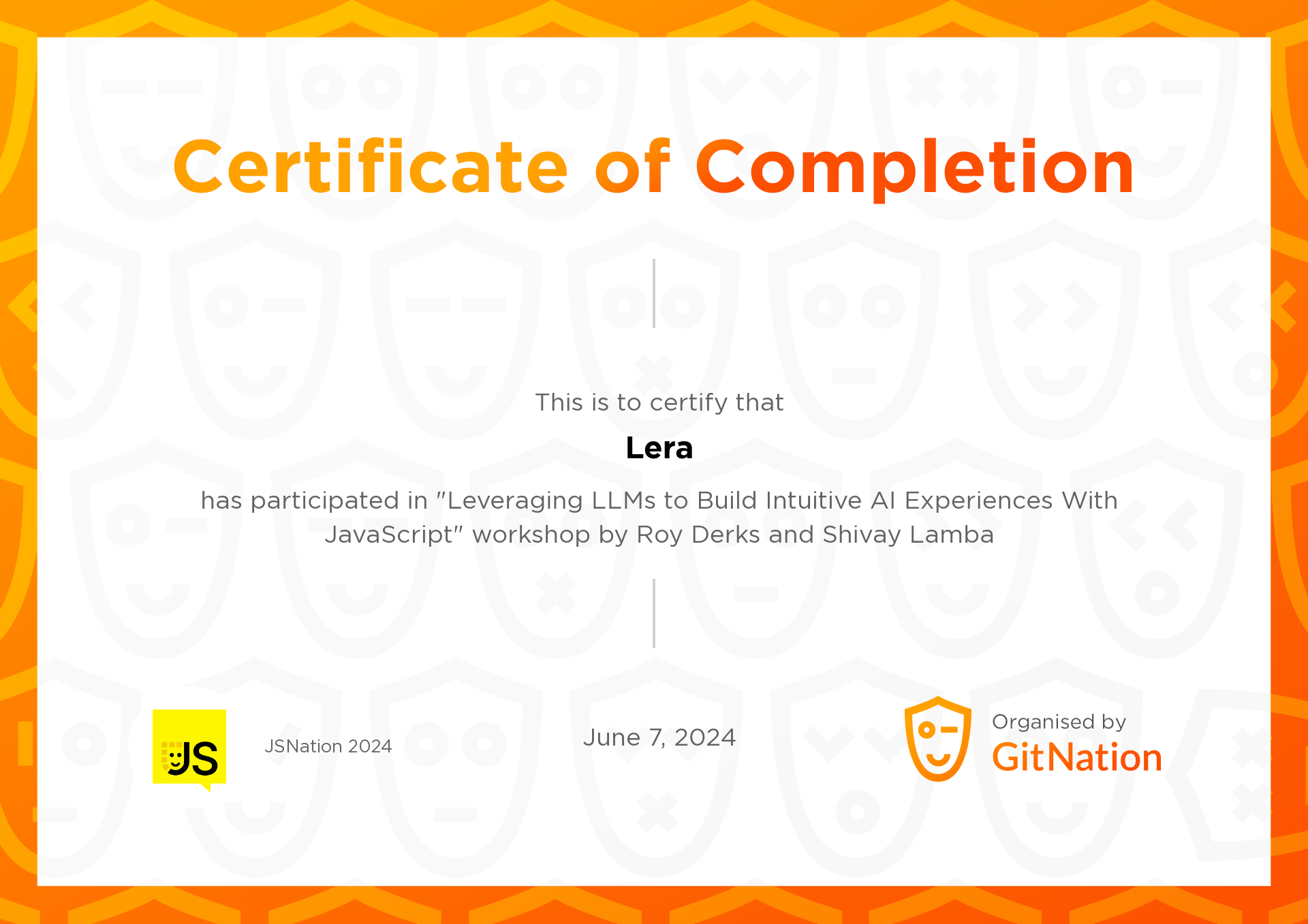 Lera's Certificate from JS Nation