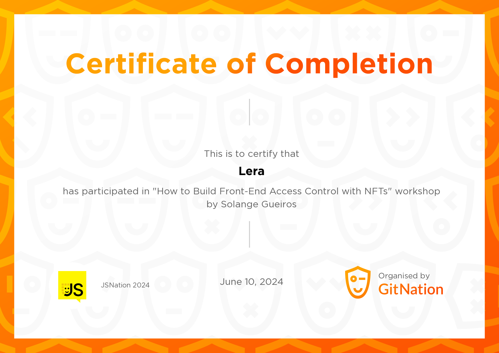 Lera's Certificate from JS Nation