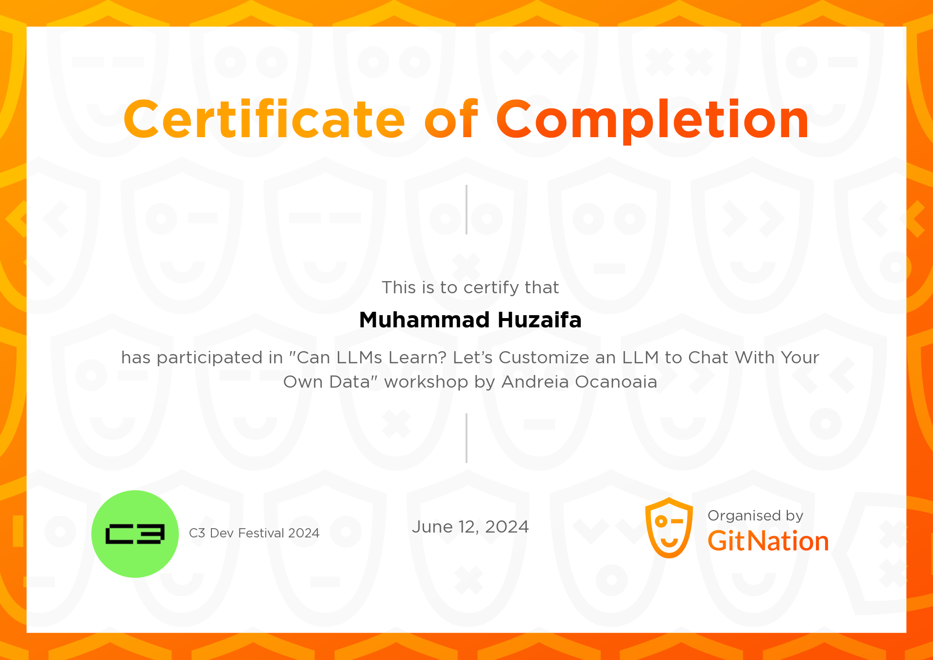 Muhammad Huzaifa's Certificate from C3 Dev Festival