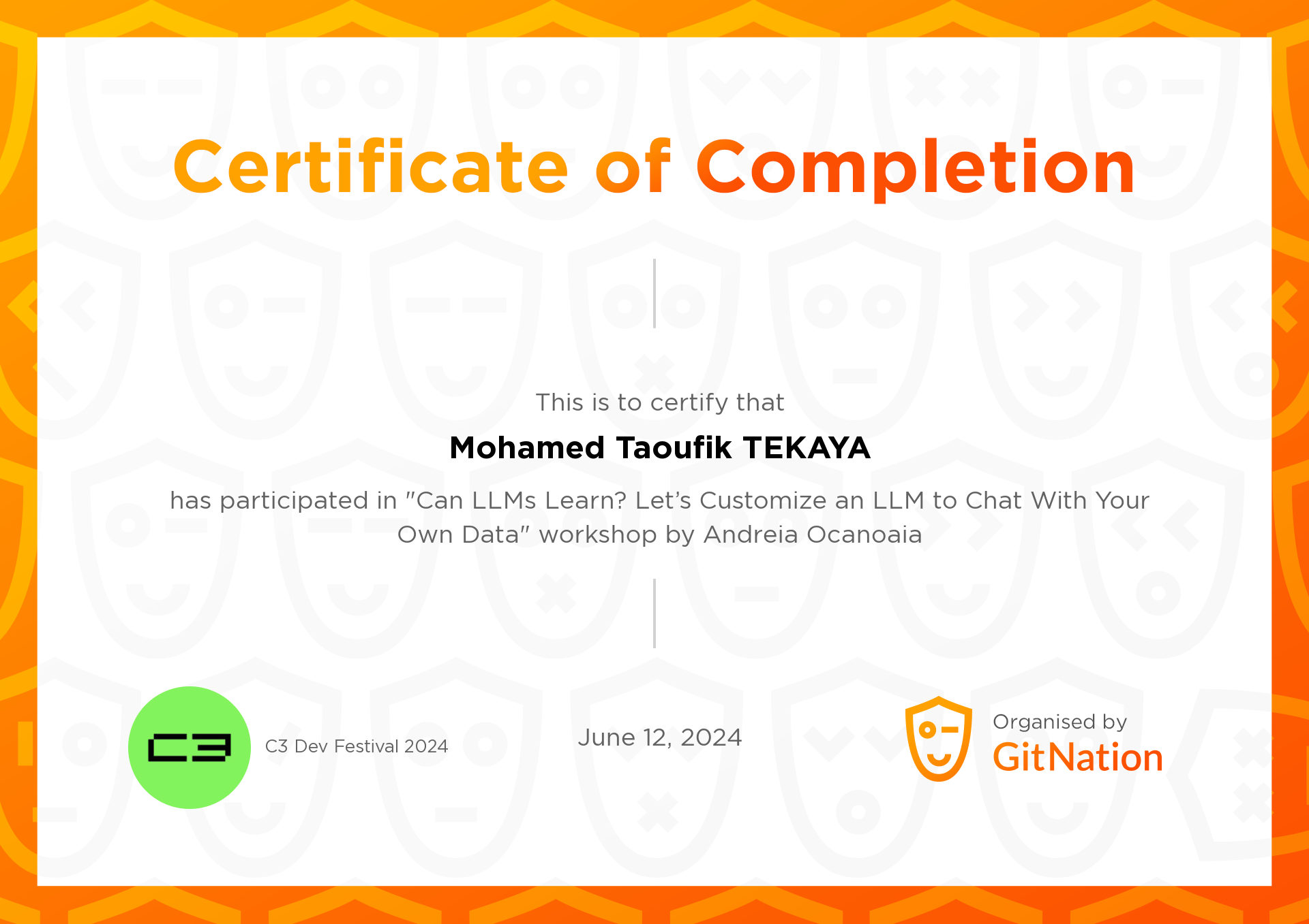 Mohamed Taoufik TEKAYA's Certificate from C3 Dev Festival