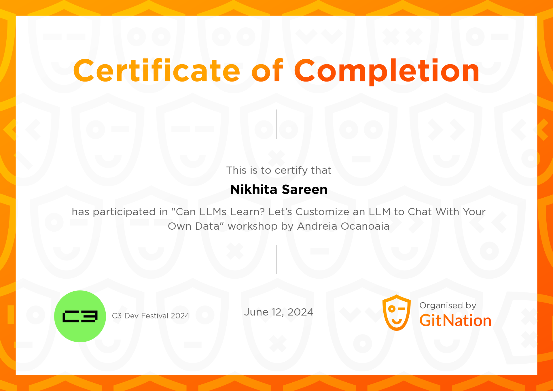 Nikhita Sareen's Certificate from C3 Dev Festival