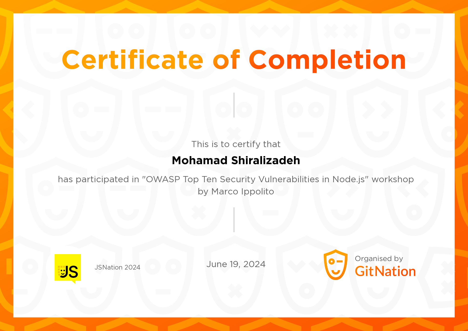 Mohamad Shiralizadeh's Certificate from JS Nation