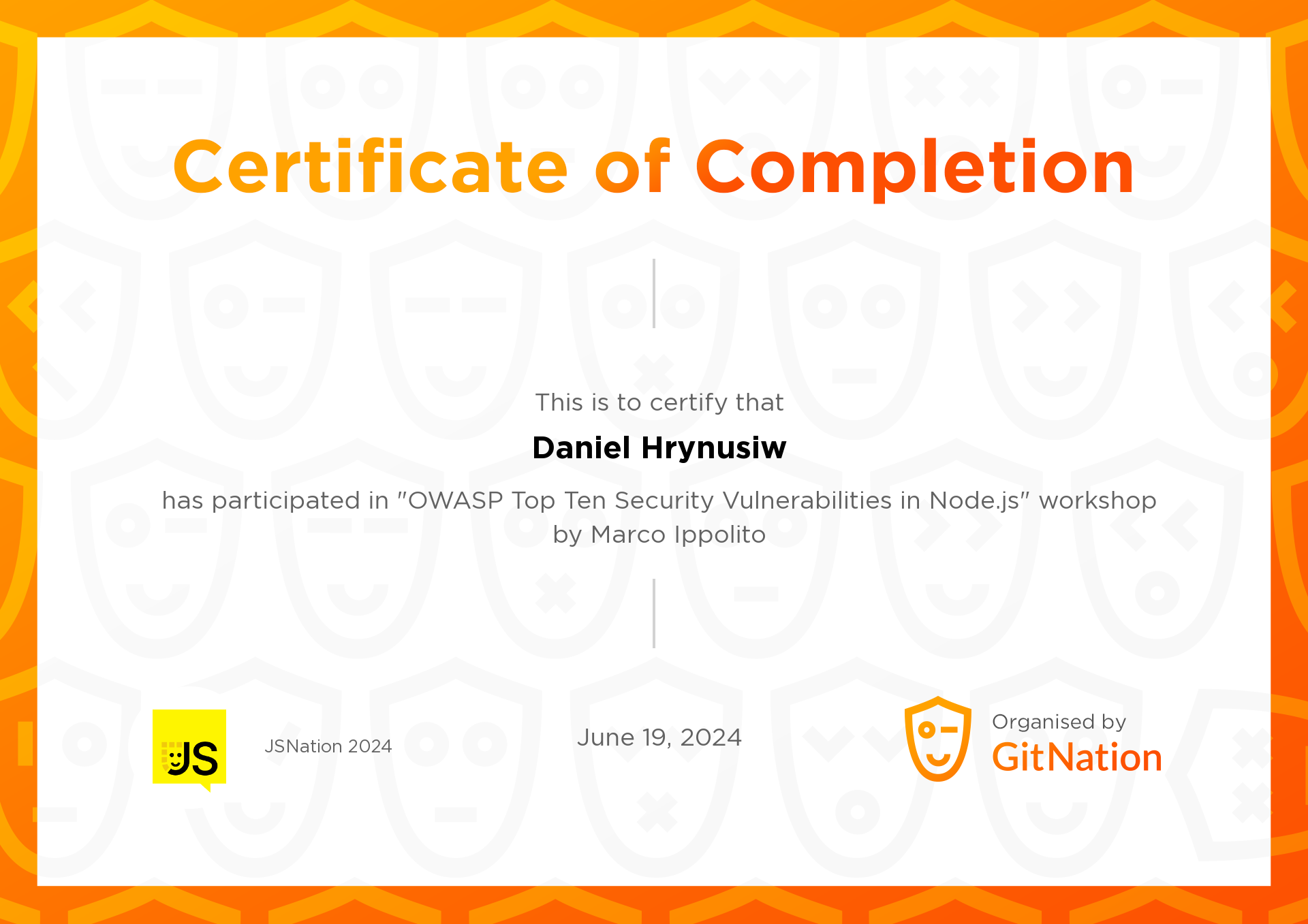 Daniel Hrynusiw's Certificate from JS Nation