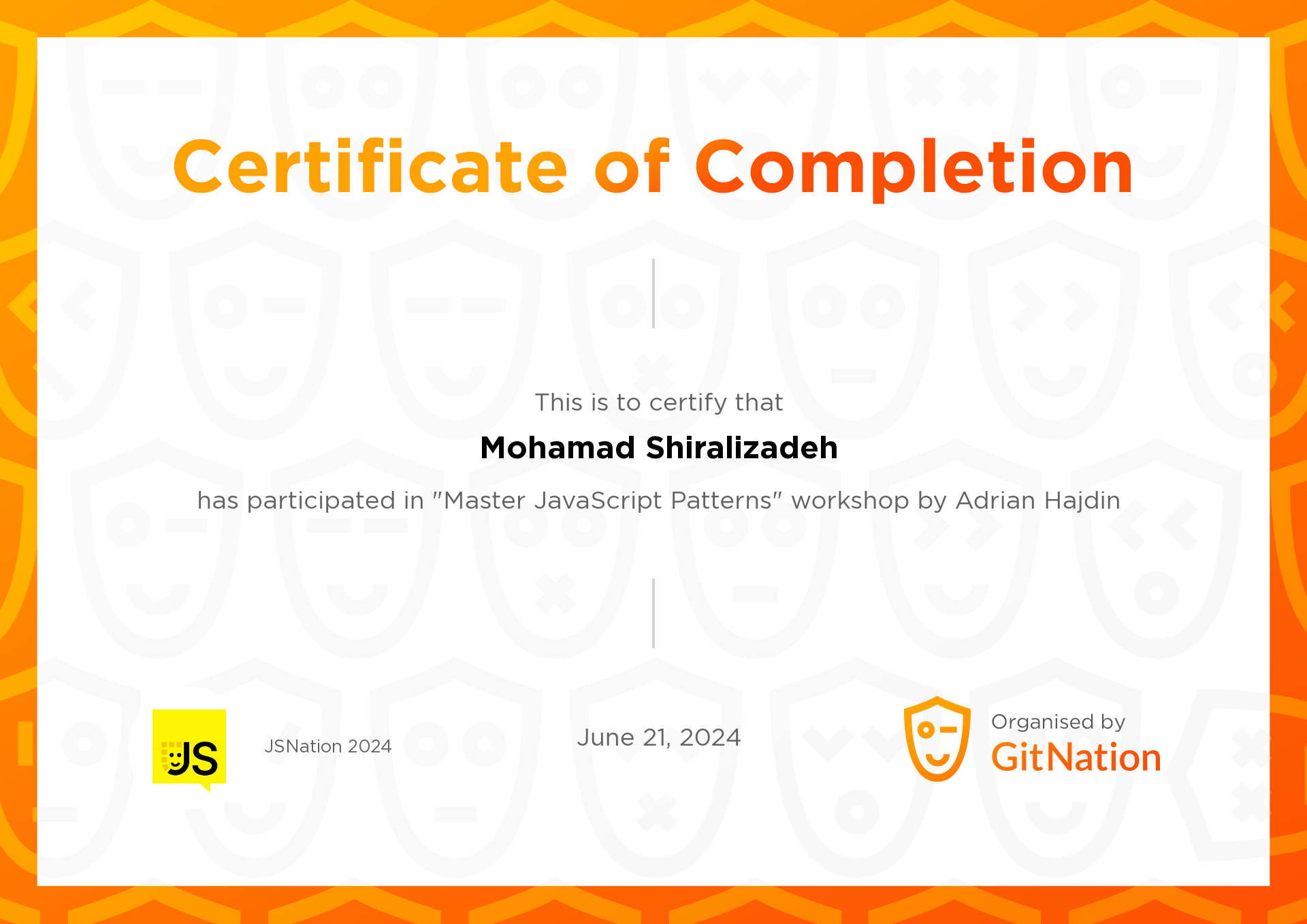 Mohamad Shiralizadeh's Certificate from JS Nation