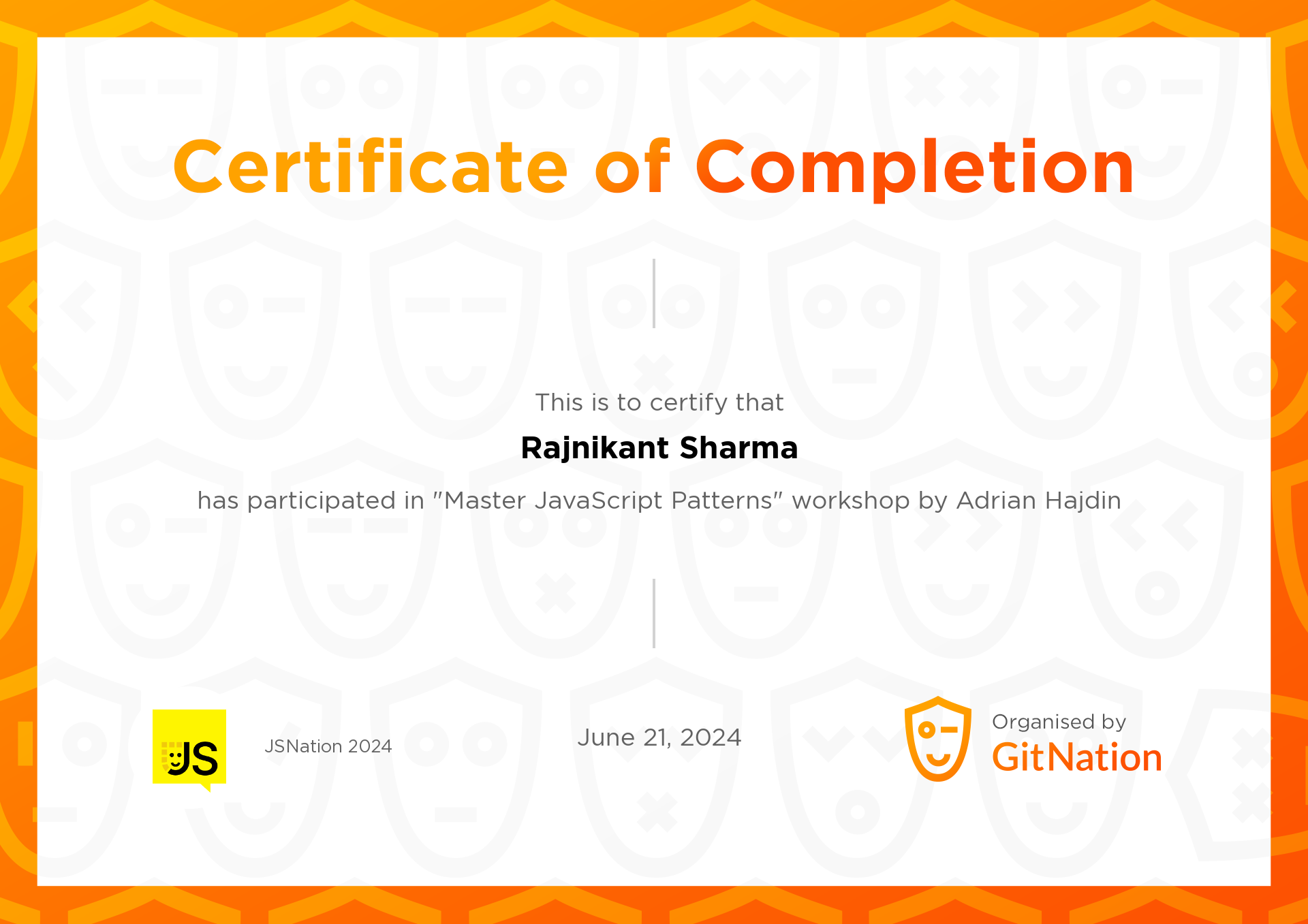 Rajnikant Sharma's Certificate from JS Nation