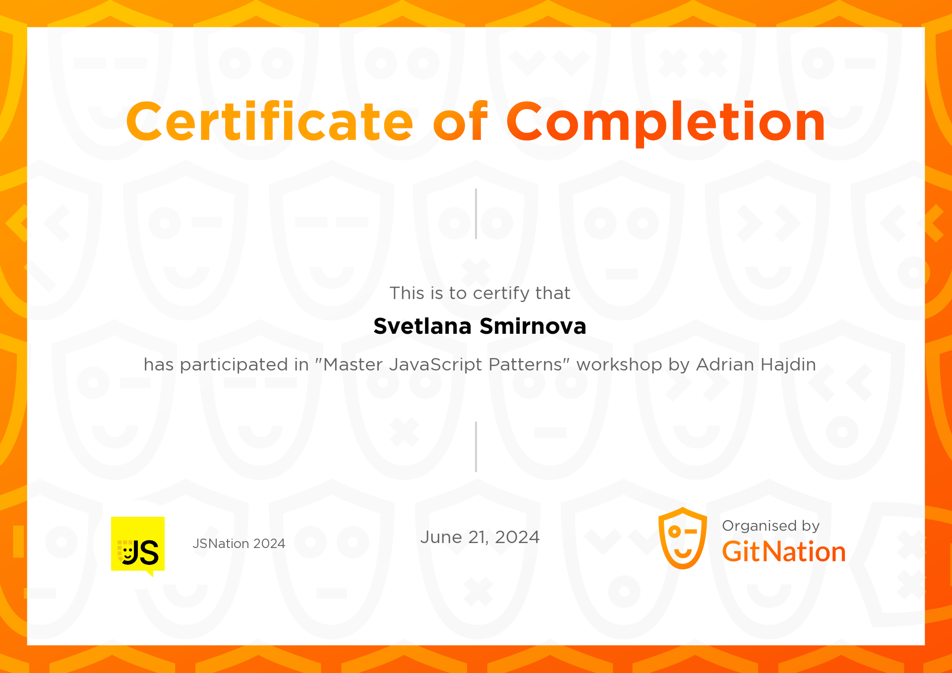 Svetlana Smirnova's Certificate from JS Nation