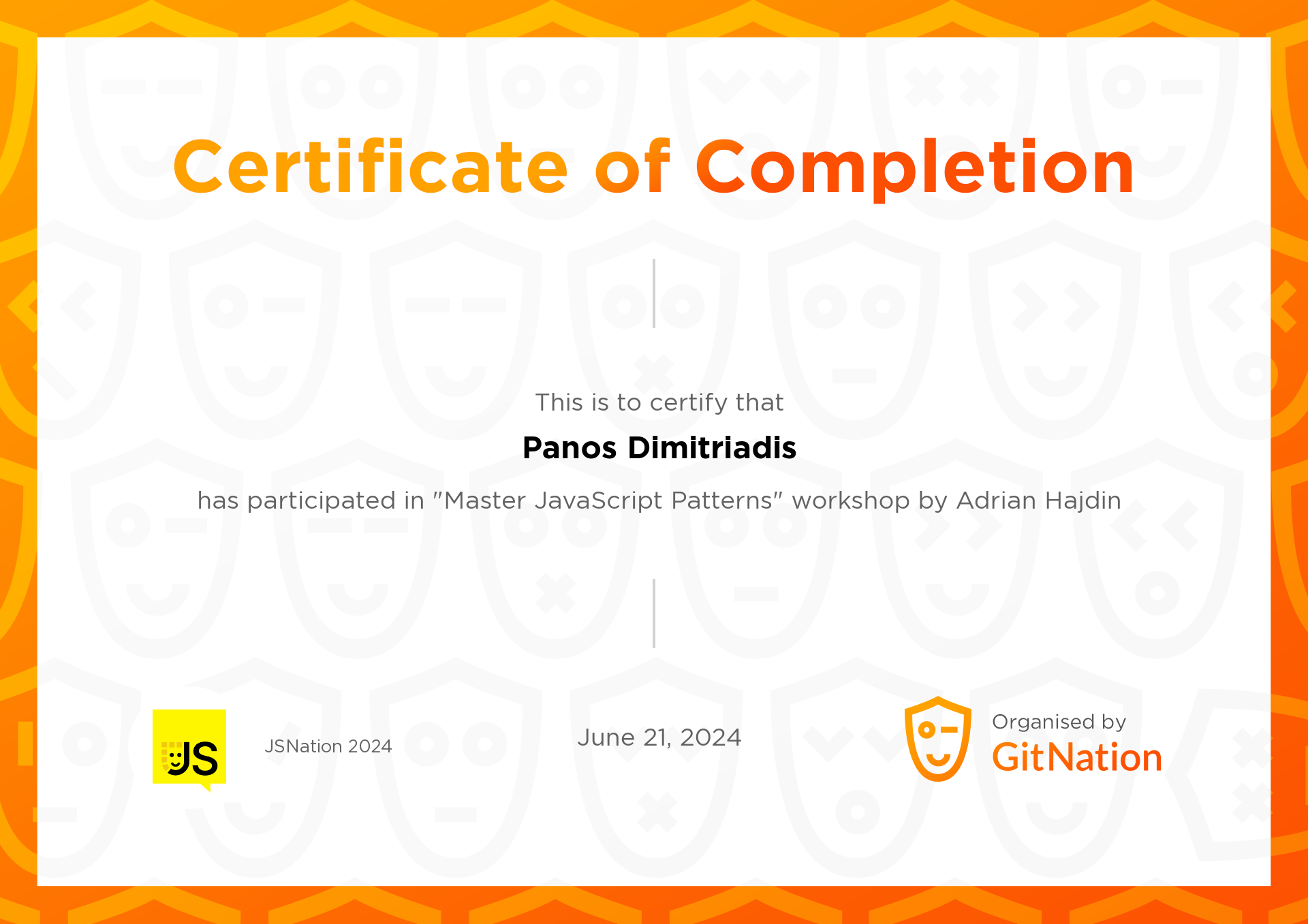 Panos Dimitriadis's Certificate from JS Nation