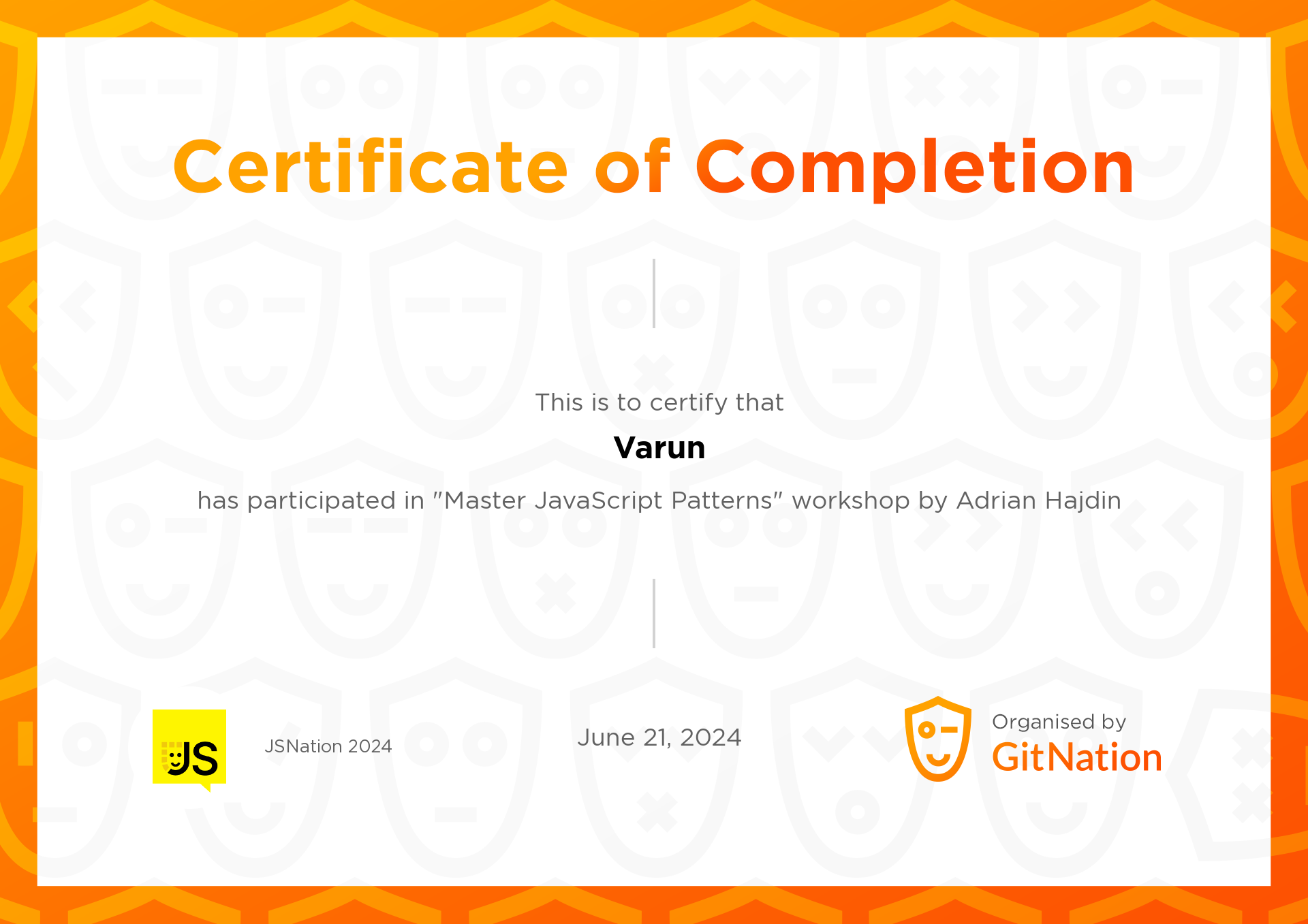Varun's Certificate from JS Nation