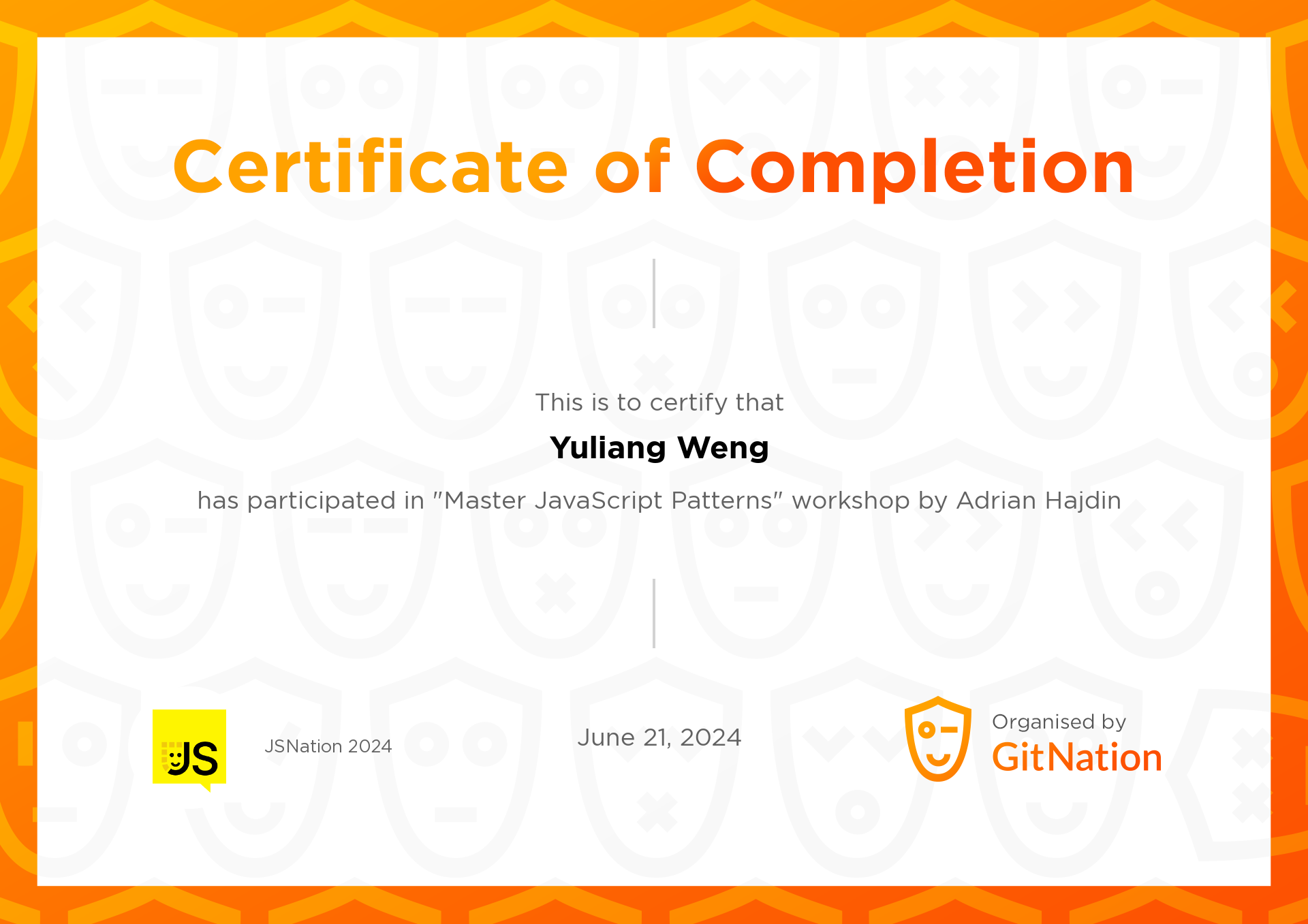 Yuliang Weng's Certificate from JS Nation