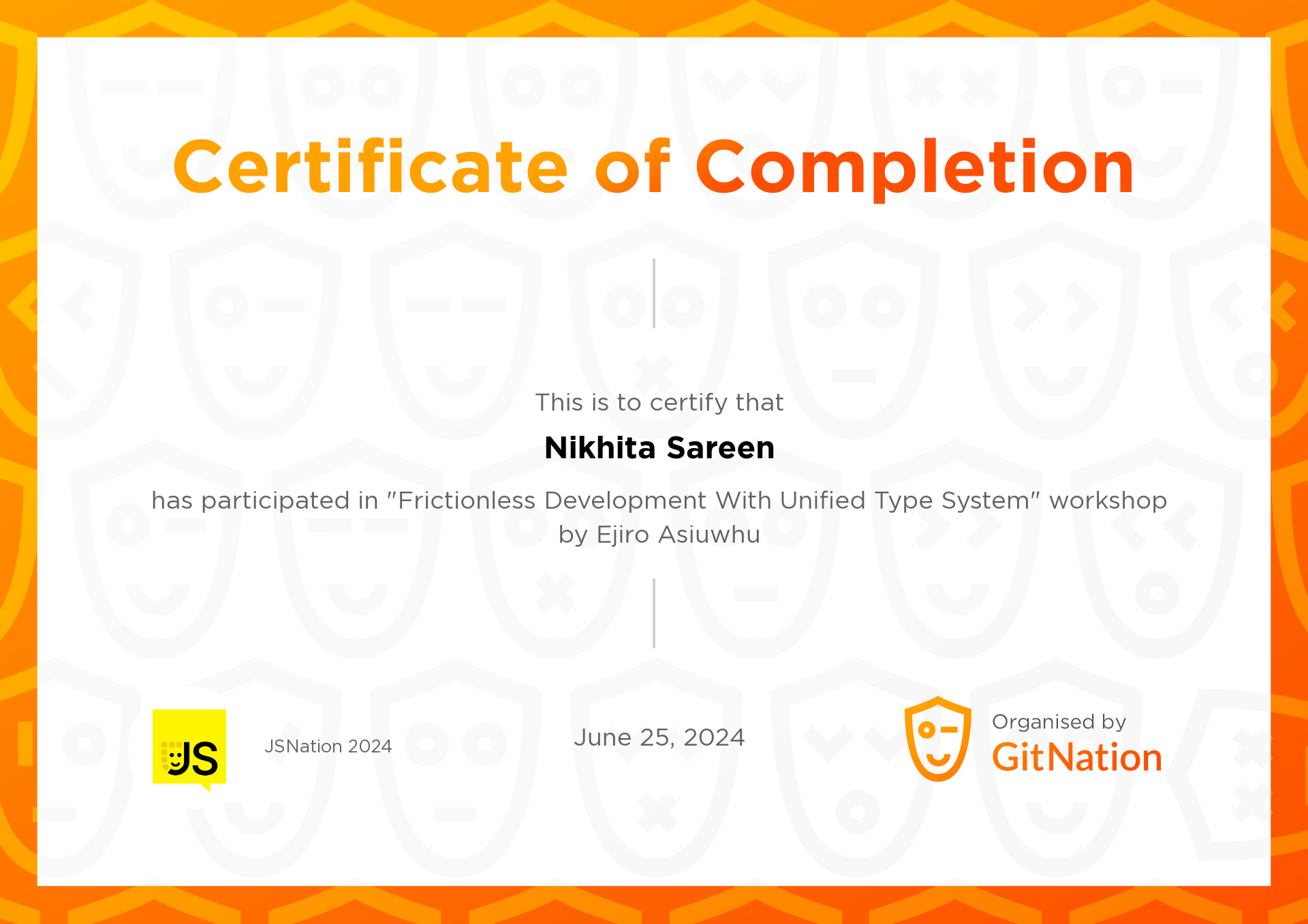 Nikhita Sareen's Certificate from JS Nation