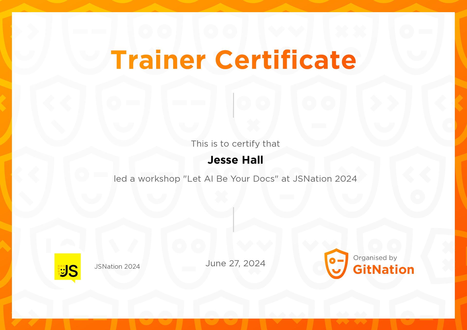 Jesse Hall's Certificate from JS Nation