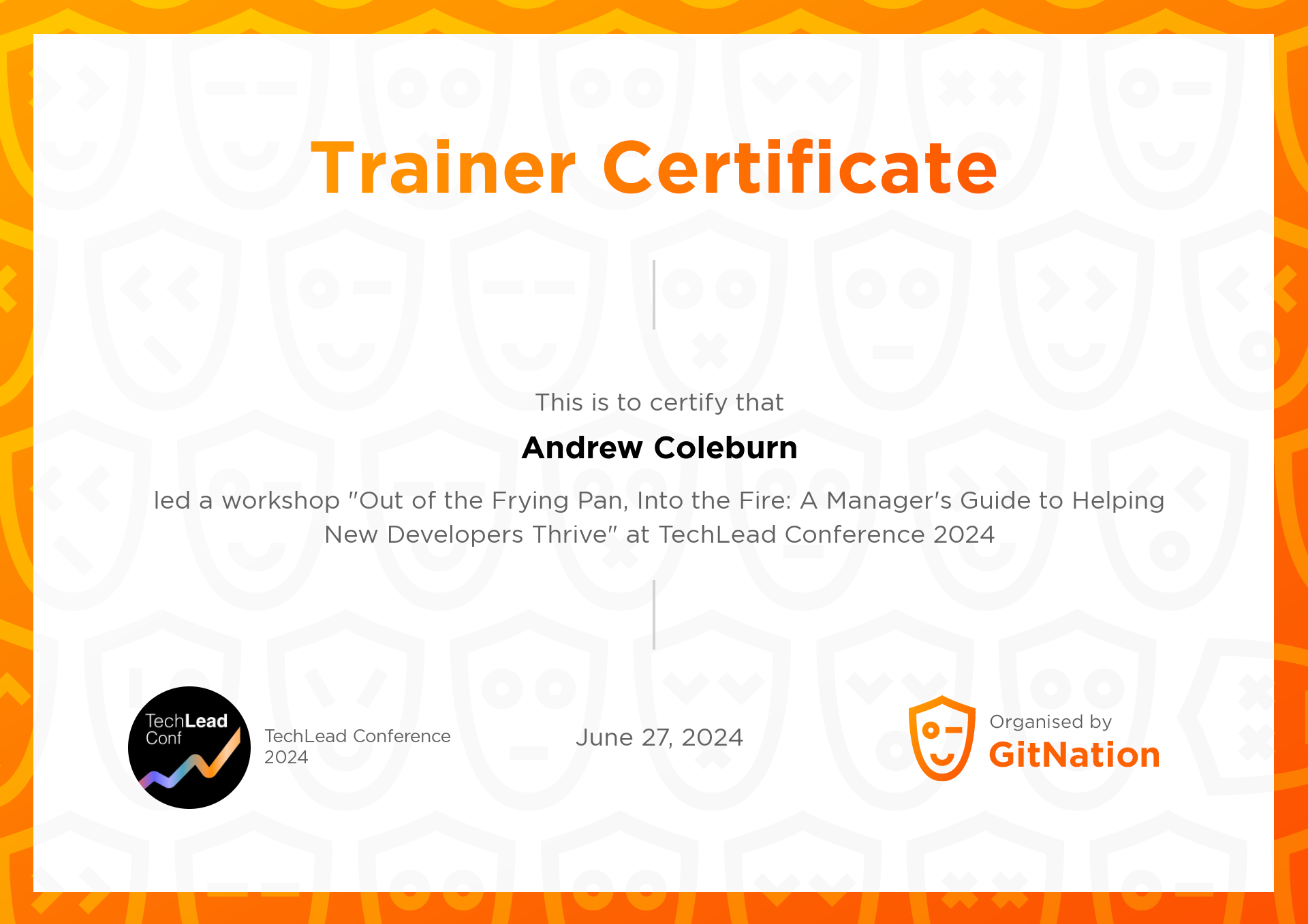 Andrew Coleburn's Certificate from TechLead Conference