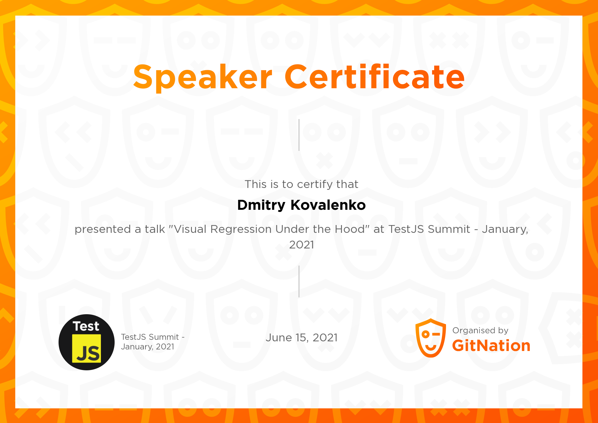 Dmitry Kovalenko's Certificate from TestJS Summit