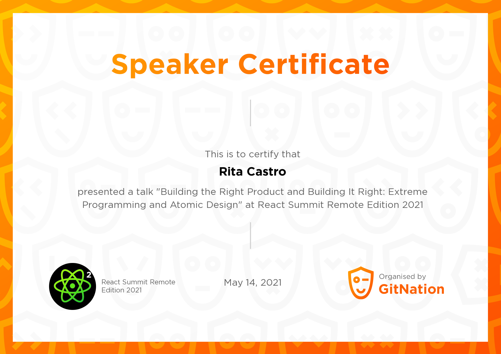 Rita Castro's Certificate from React Summit Remote Edition