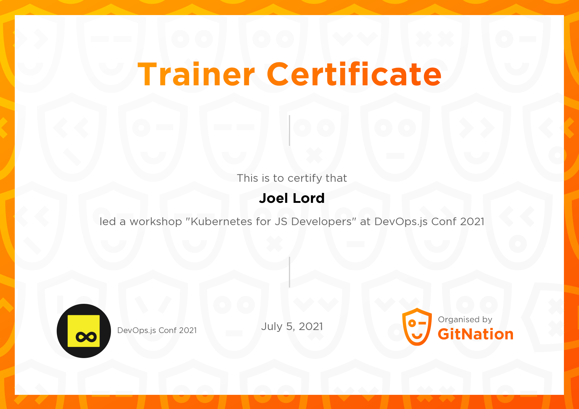 Joel Lord's Certificate from DevOps.js