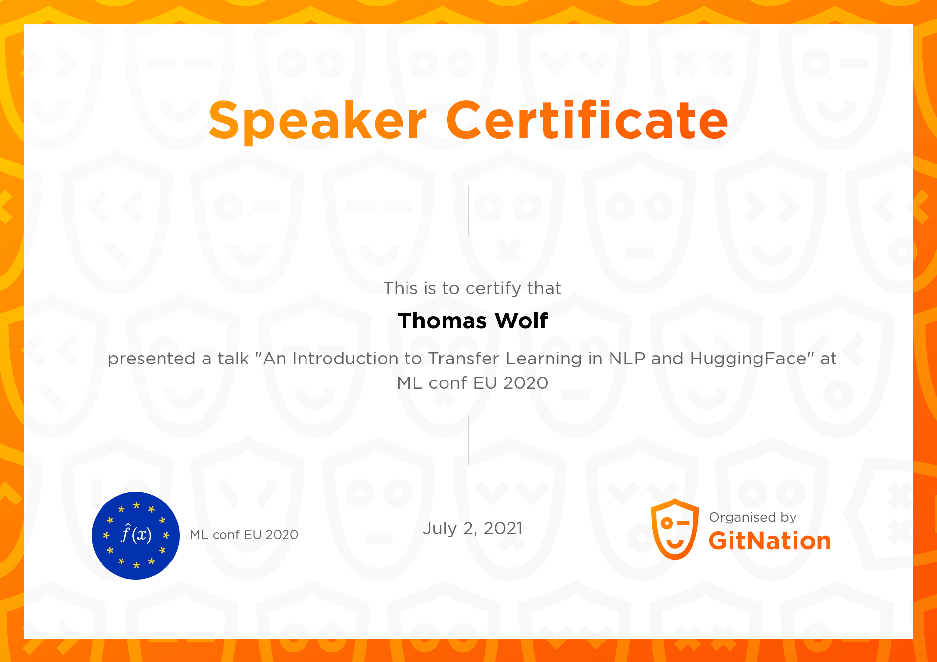 Thomas Wolf's Certificate from ML conf EU