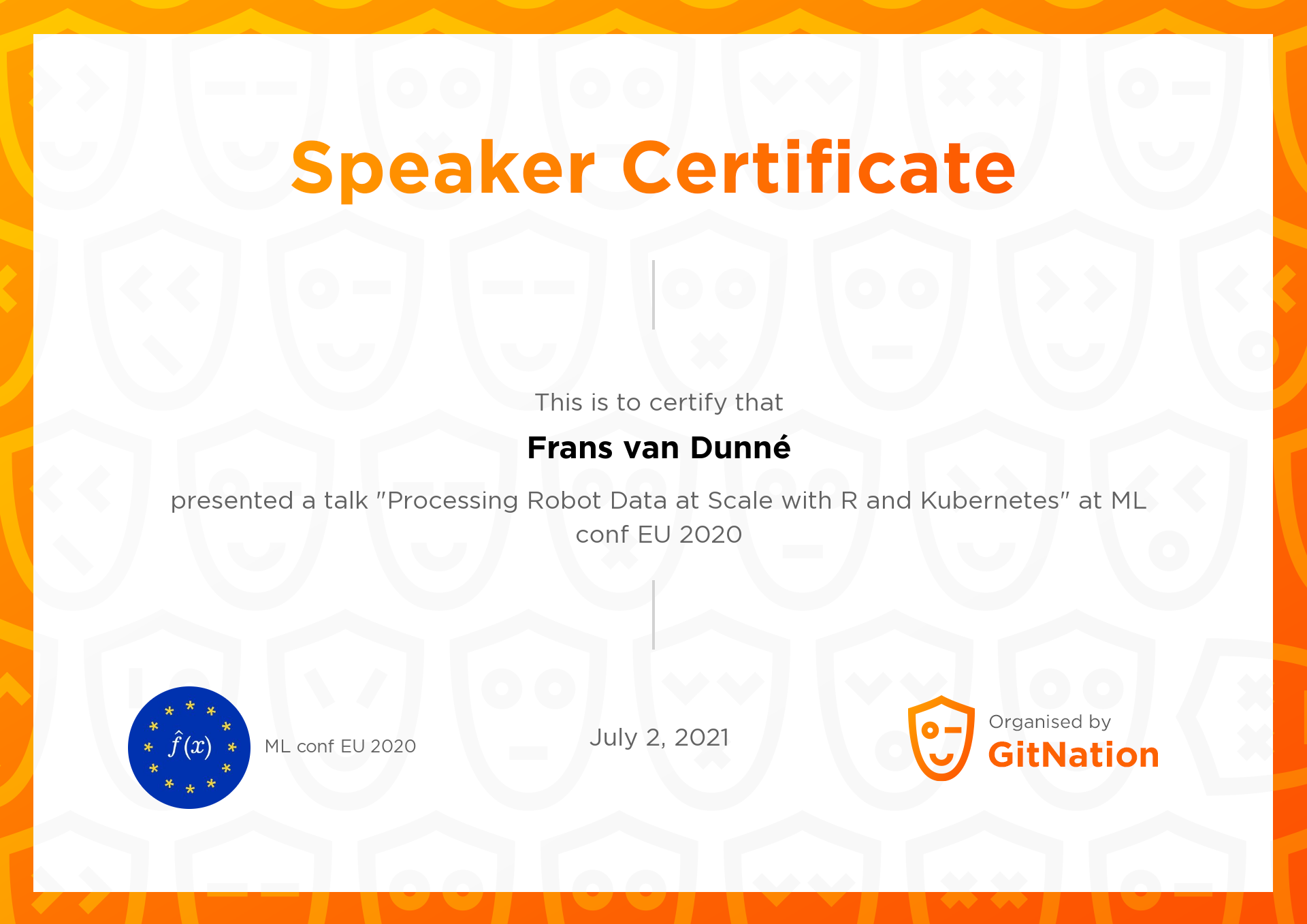 Frans van Dunné's Certificate from ML conf EU