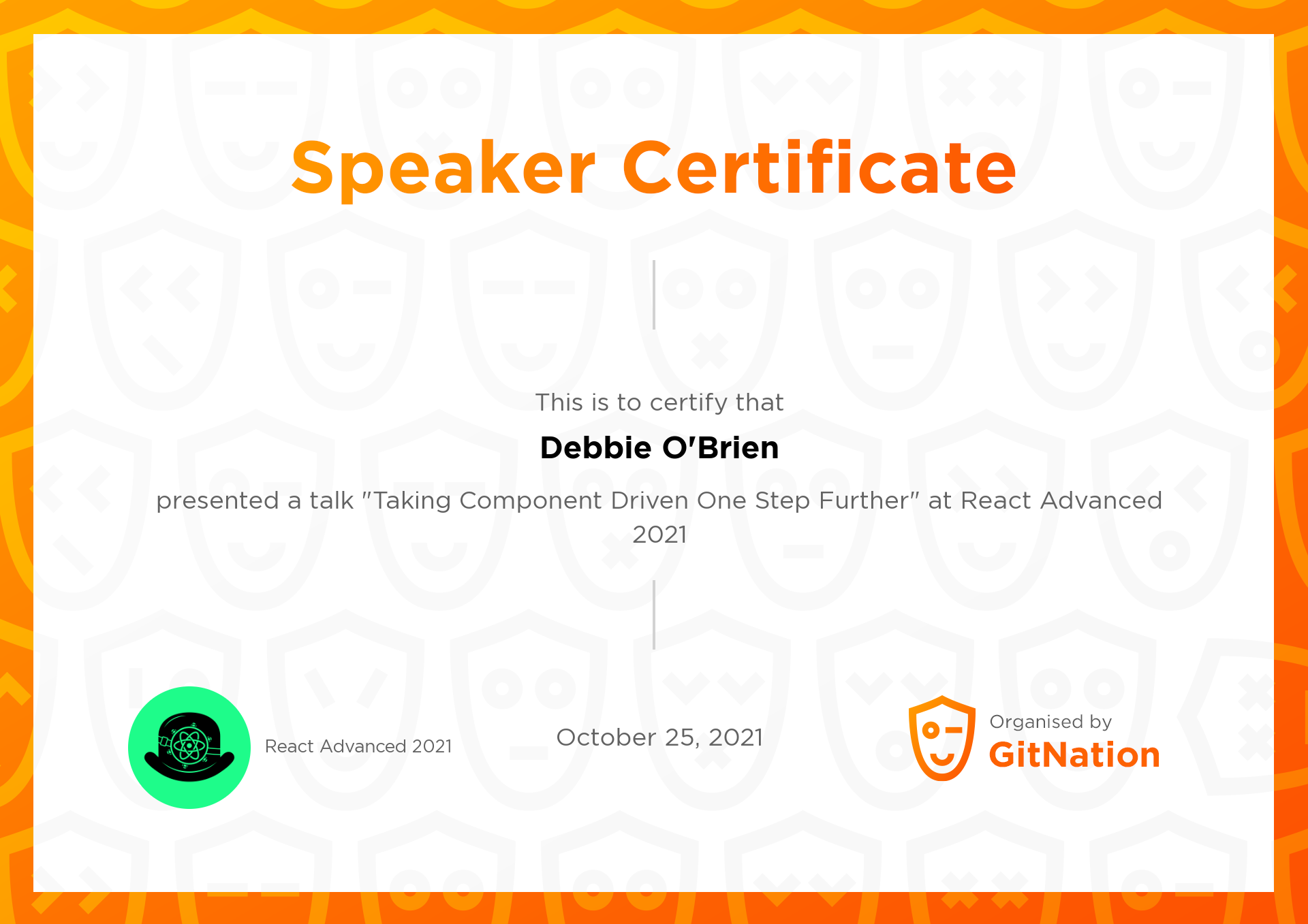 Debbie O'Brien's Certificate from React Advanced