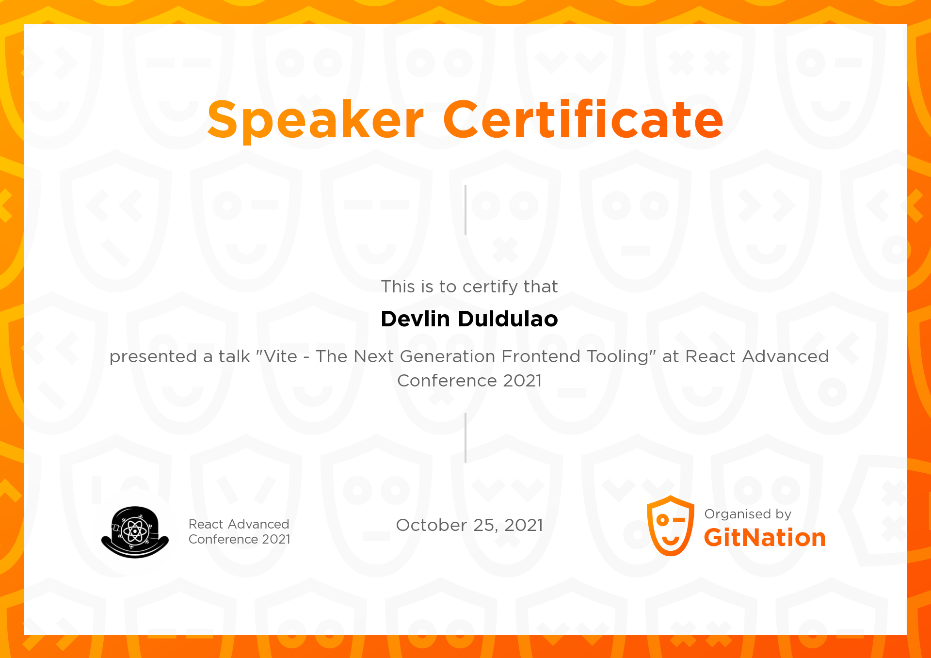 Devlin Duldulao's Certificate from React Advanced