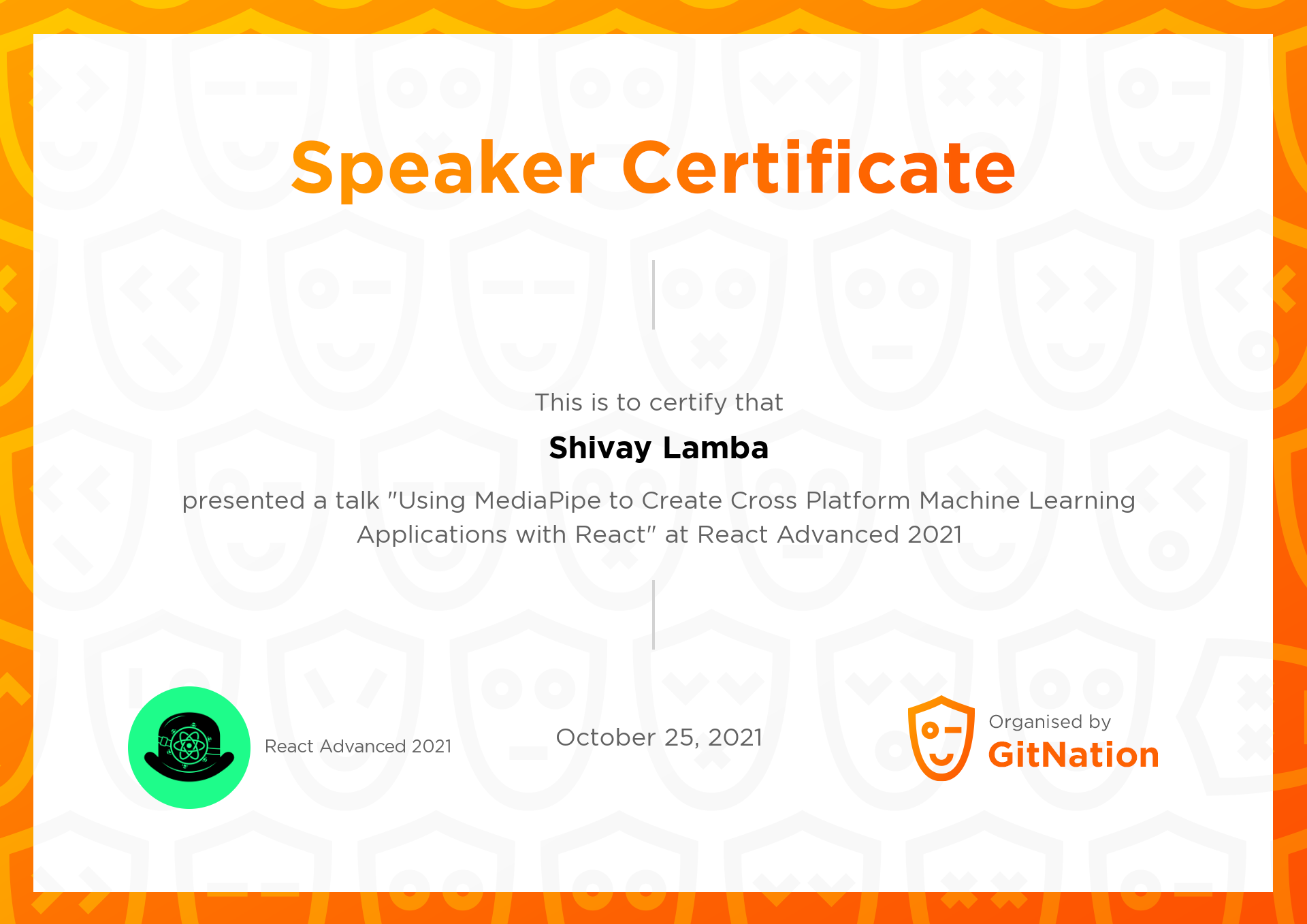 Shivay Lamba's Certificate from React Advanced