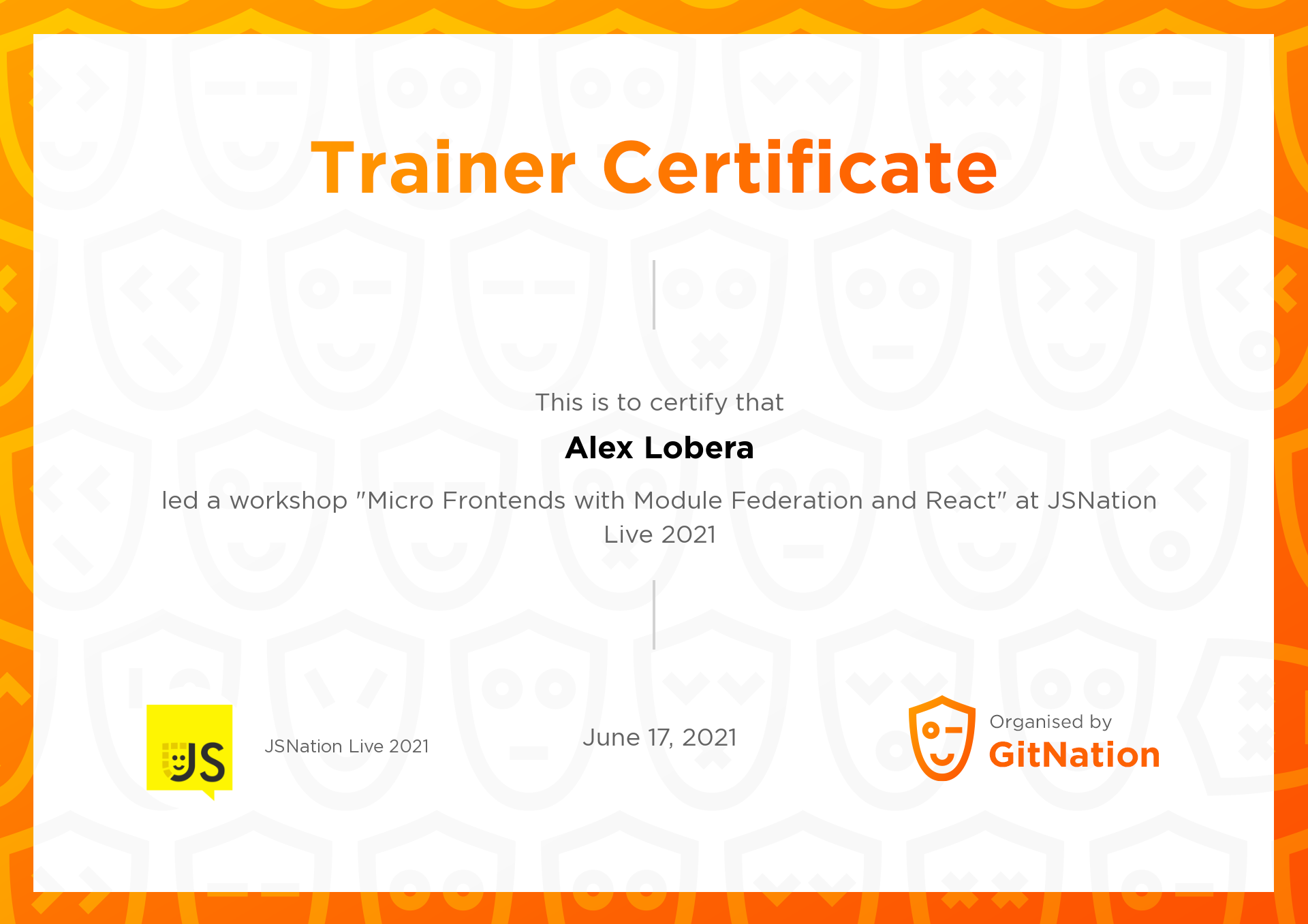 Alex Lobera's Certificate from JSNation Live
