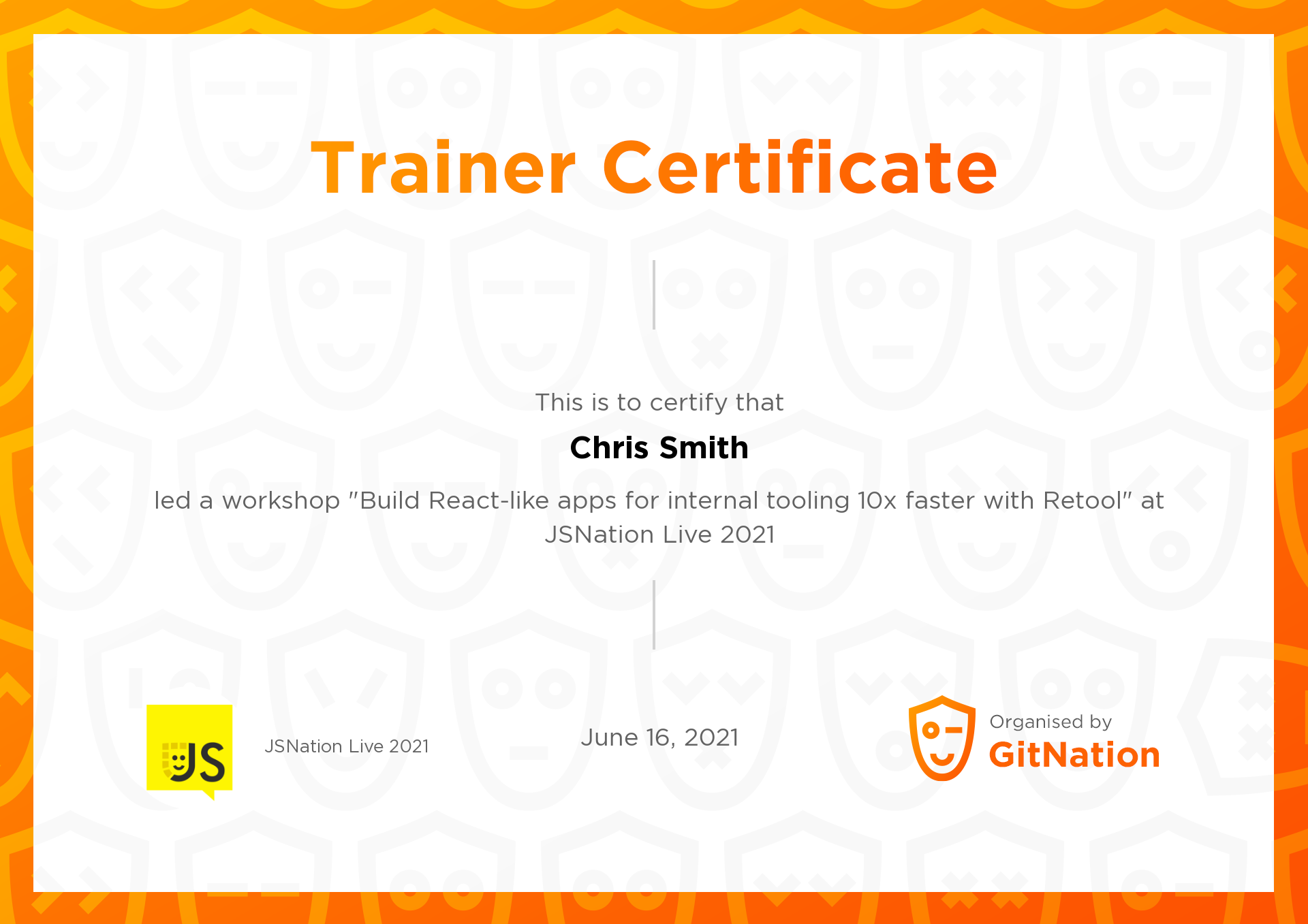 Chris Smith's Certificate from JSNation Live