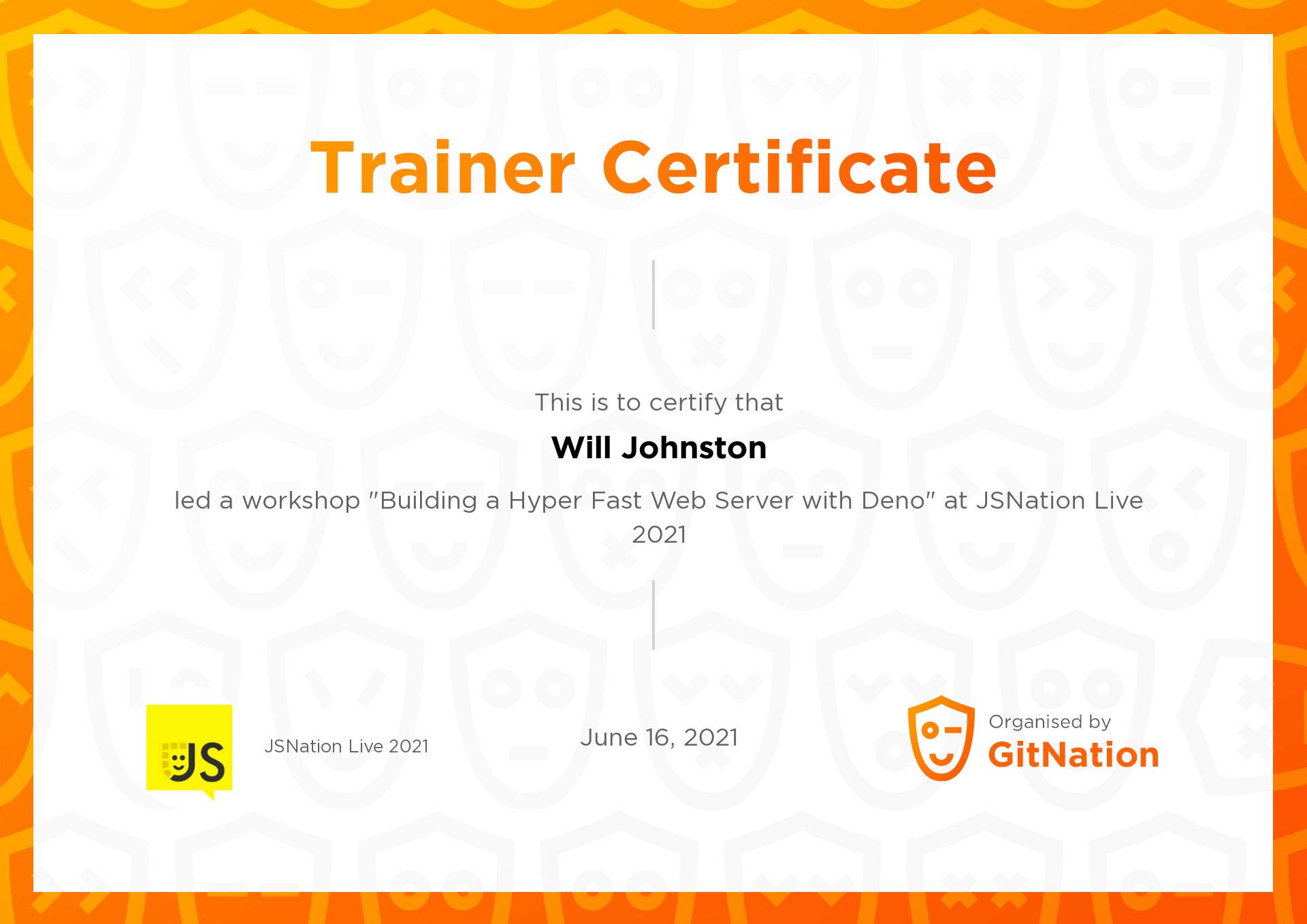 Will Johnston's Certificate from JSNation Live