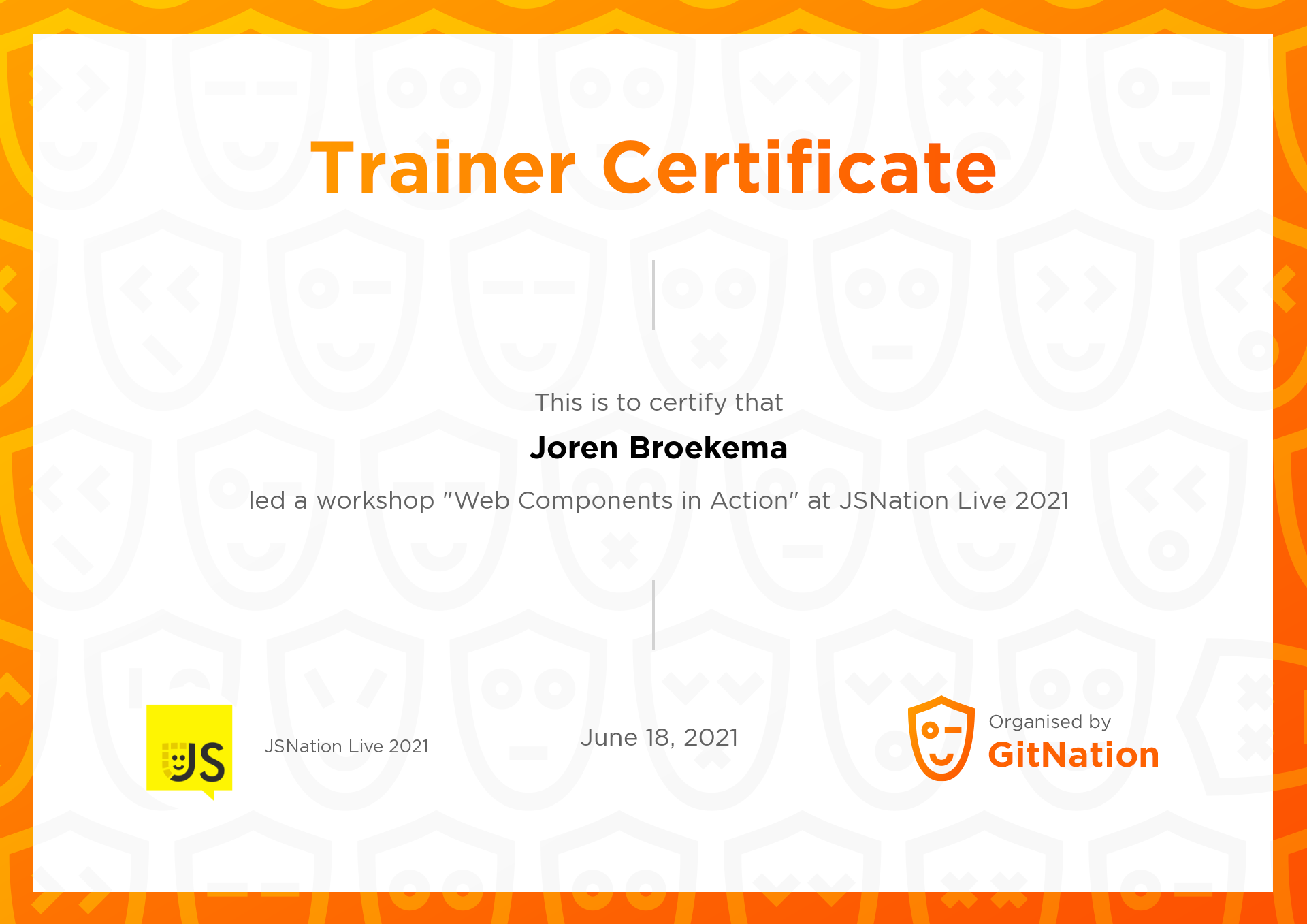 Joren Broekema's Certificate from JSNation Live