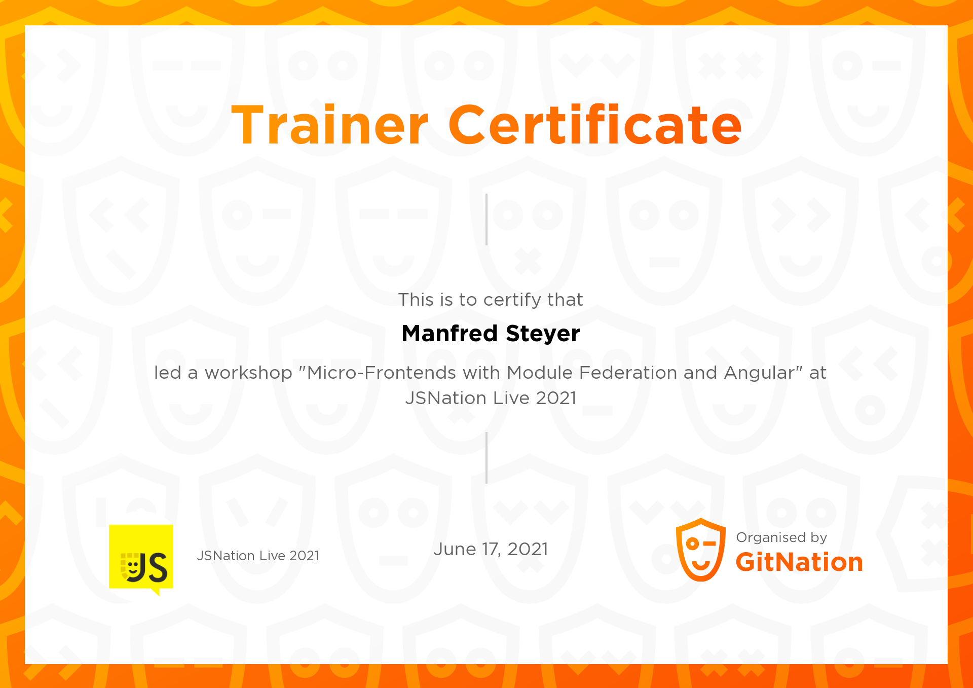 Manfred Steyer's Certificate from JSNation Live