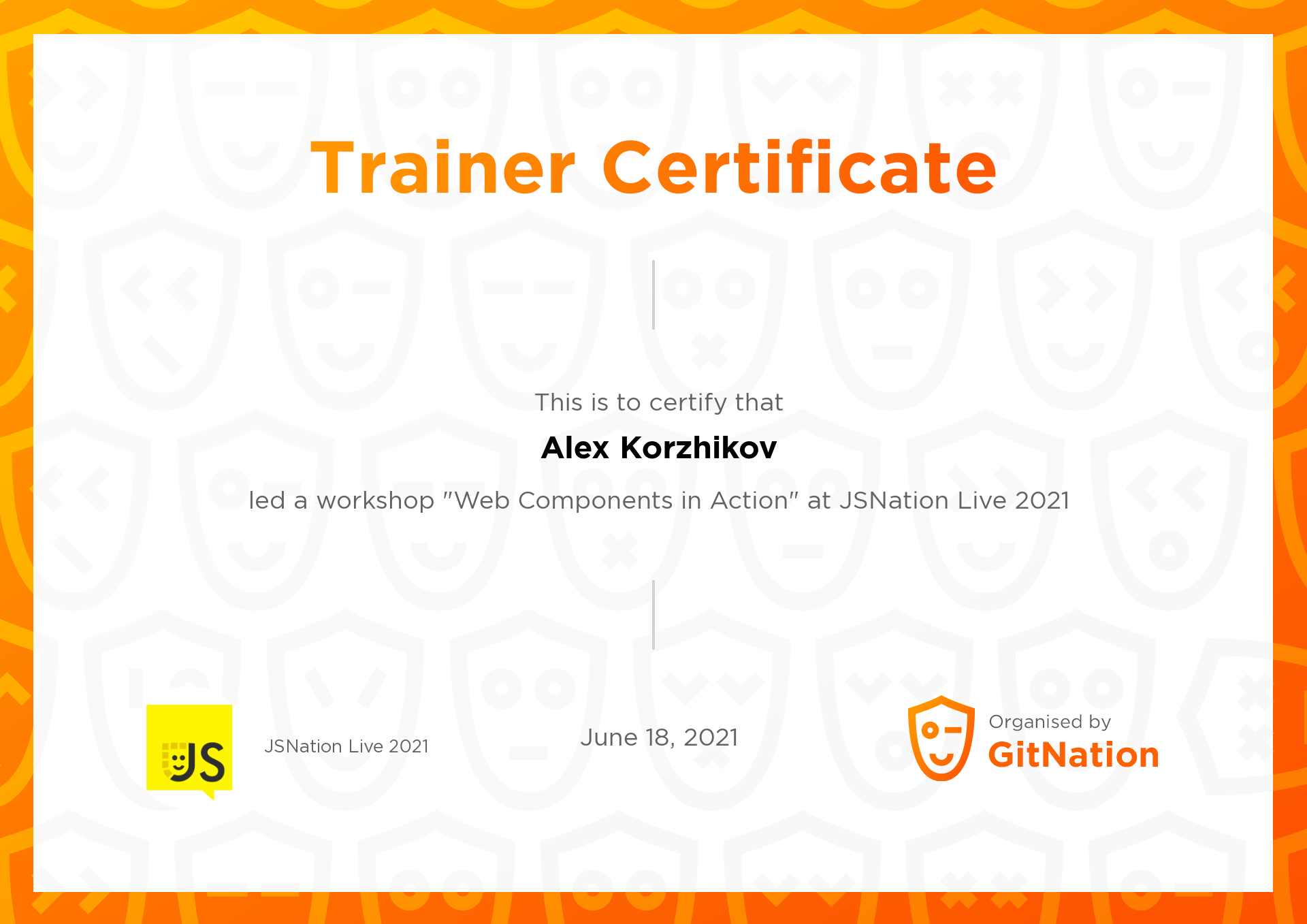 Alex Korzhikov's Certificate from JSNation Live