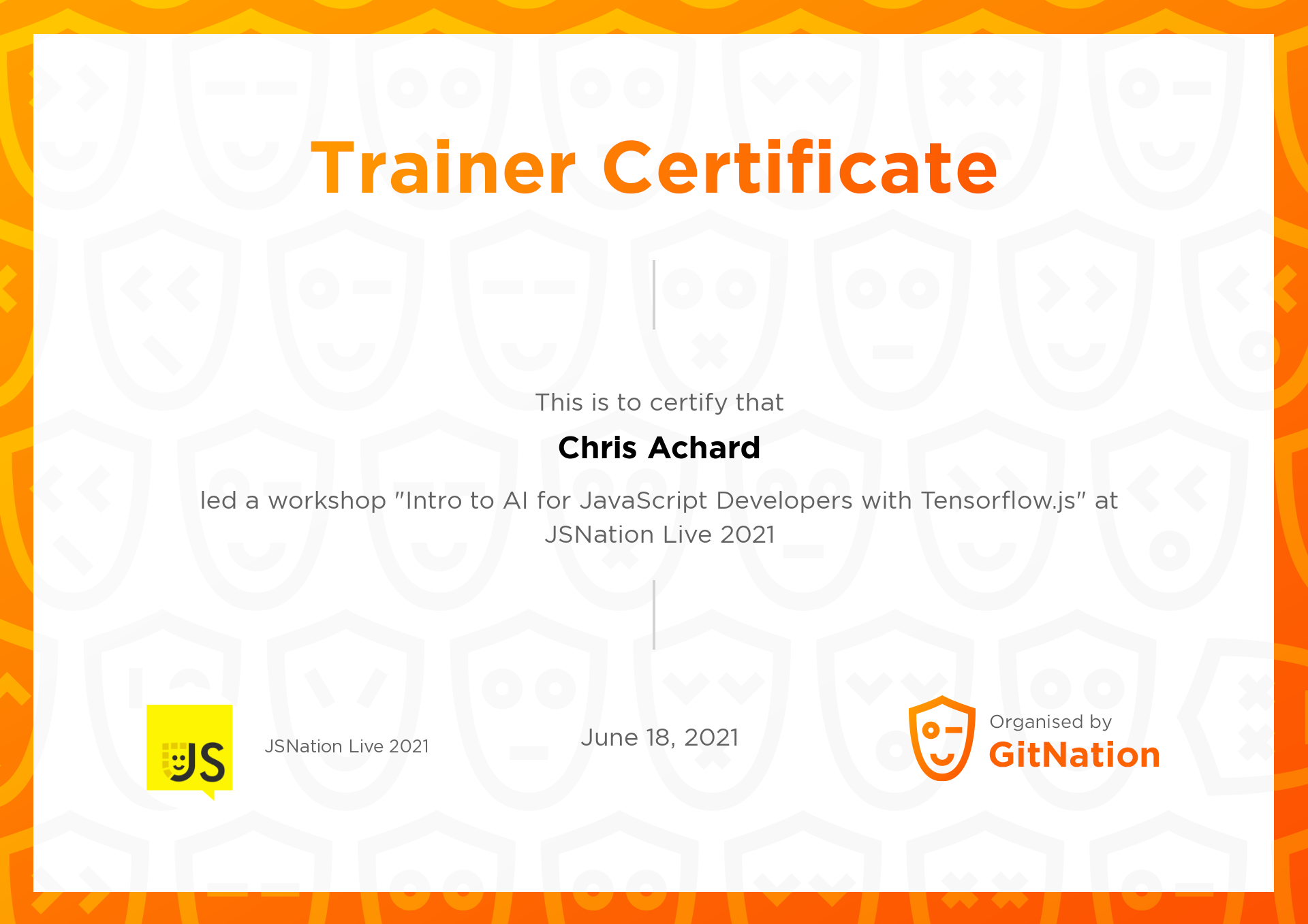 Chris Achard's Certificate from JSNation Live