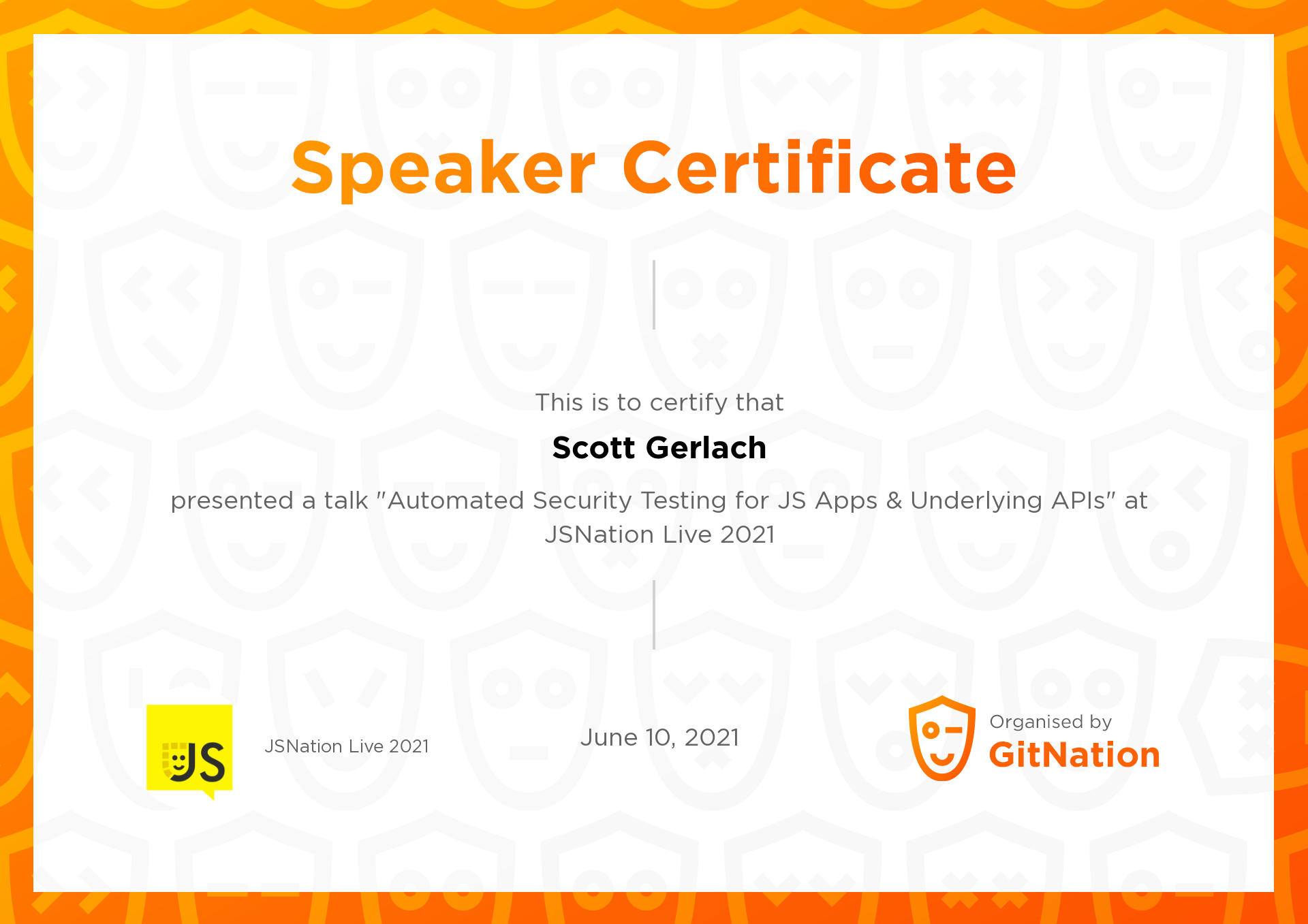 Scott Gerlach's Certificate from JSNation Live