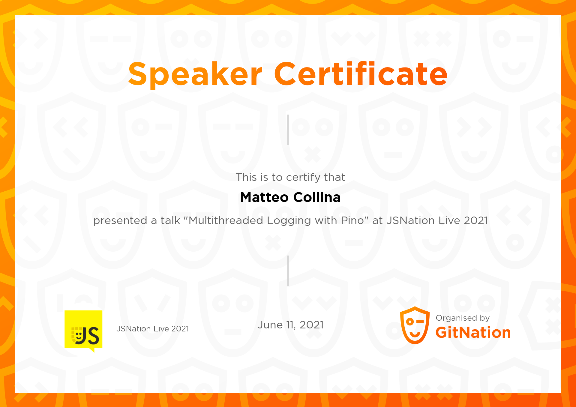 Matteo Collina's Certificate from JSNation Live