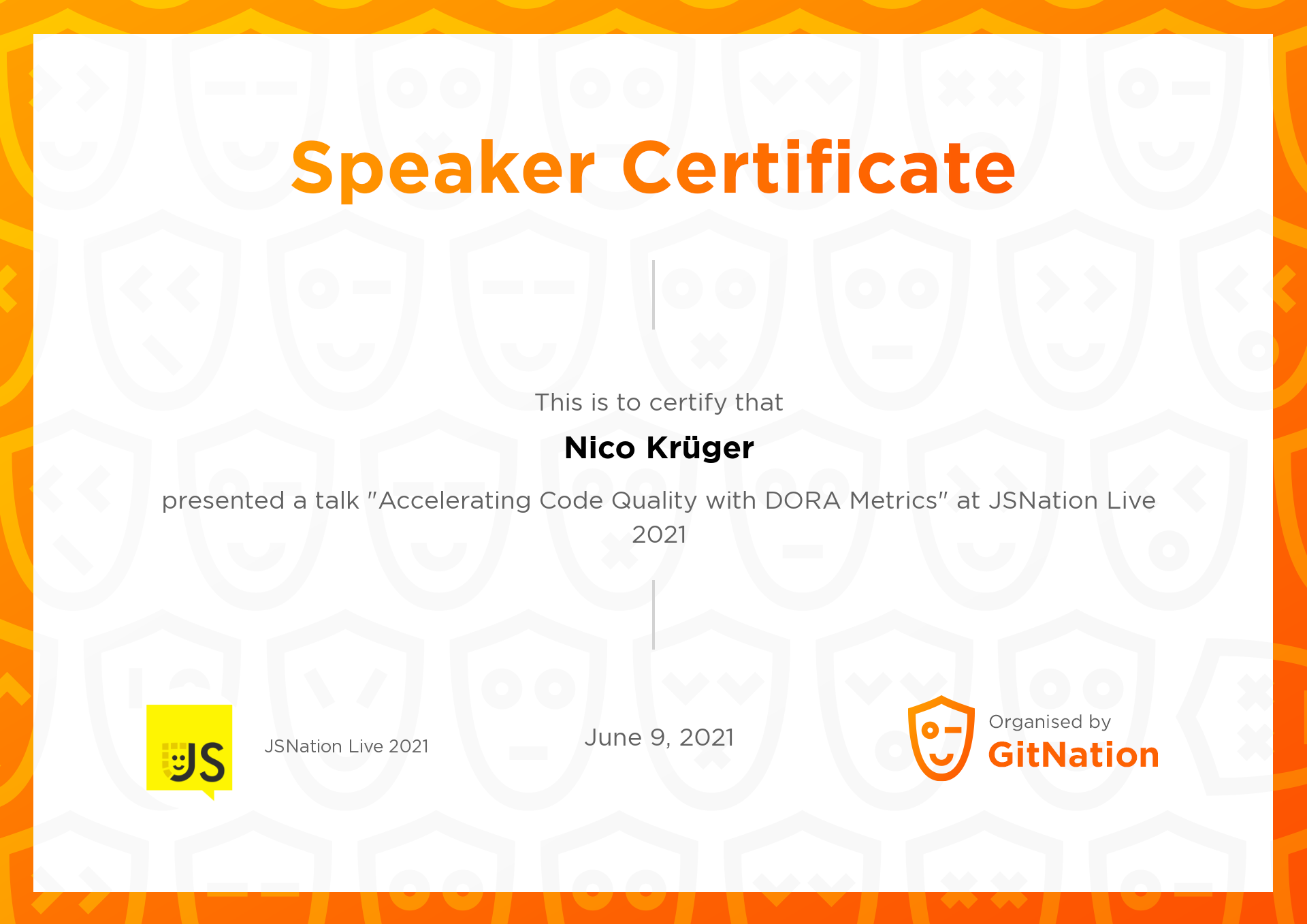 Nico Krüger's Certificate from JSNation Live