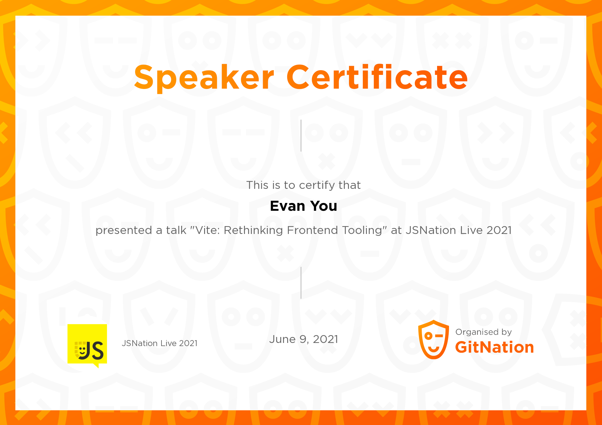 Evan You's Certificate from JSNation Live