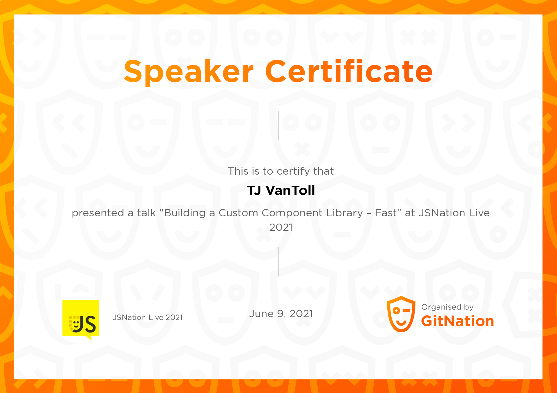 TJ VanToll's Certificate from JSNation Live