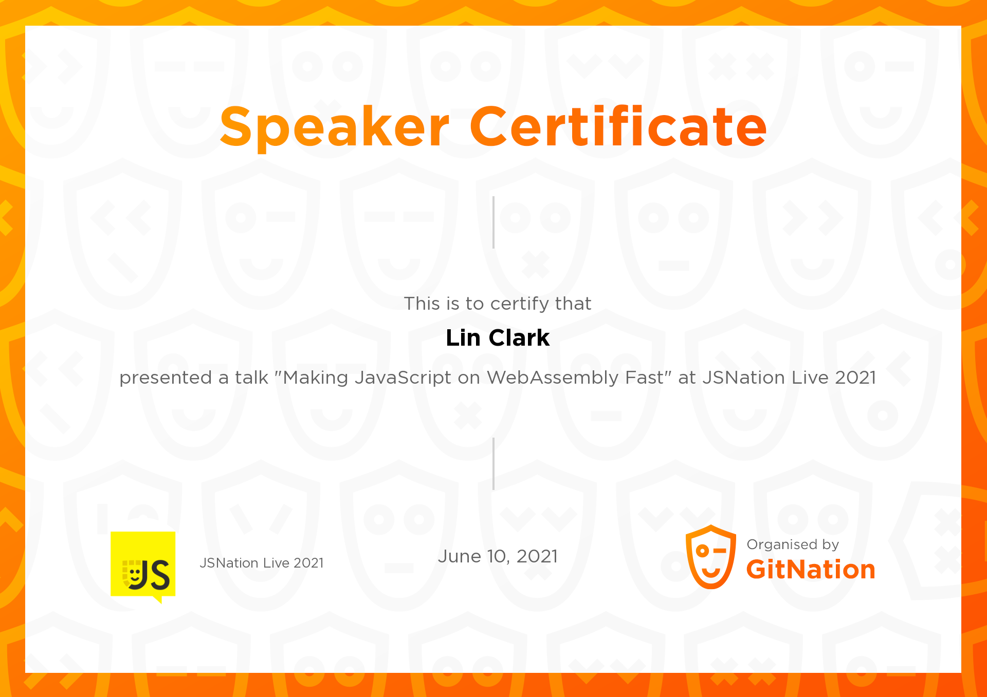 Lin Clark's Certificate from JSNation Live