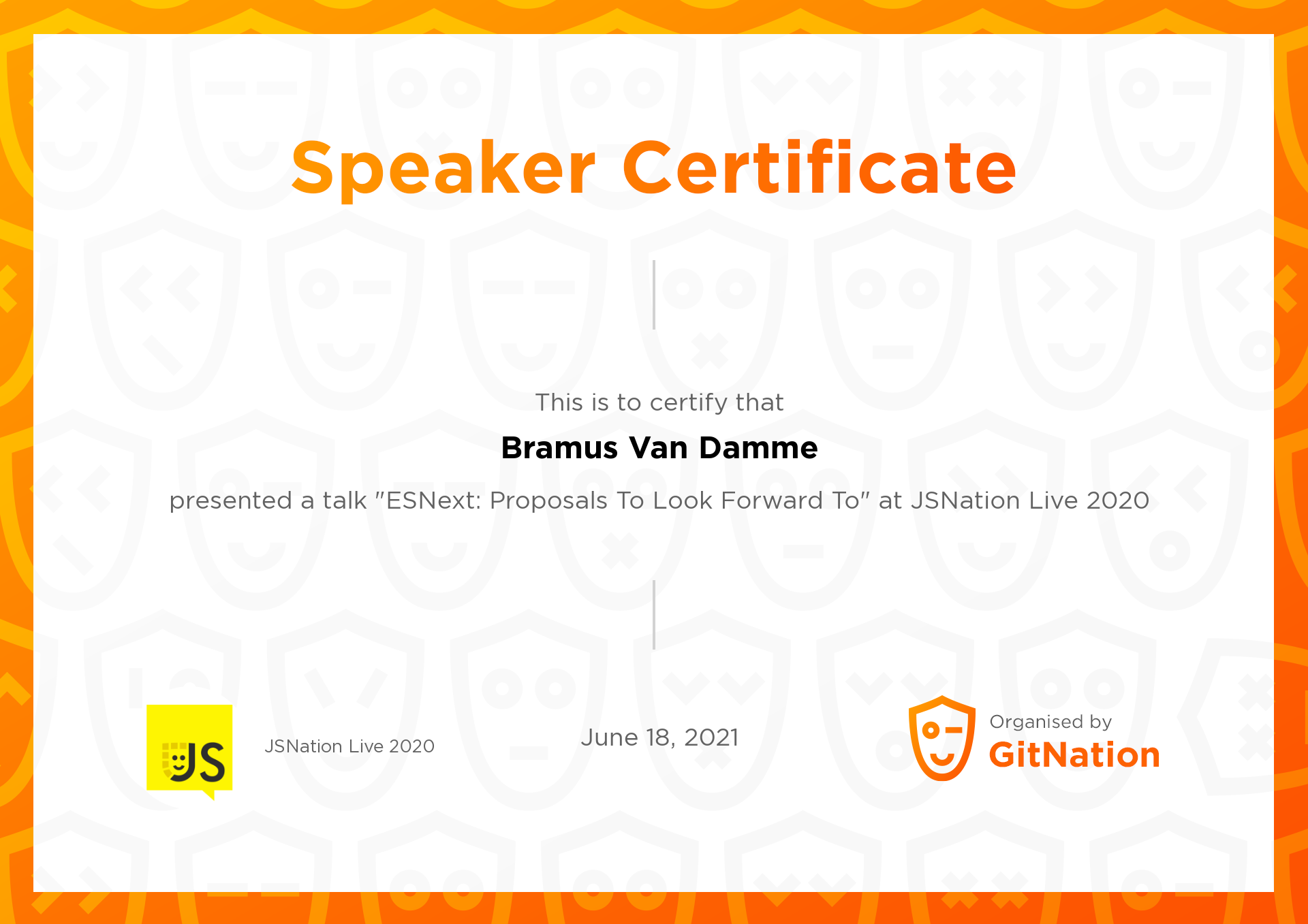 Bramus Van Damme's Certificate from JSNation Live