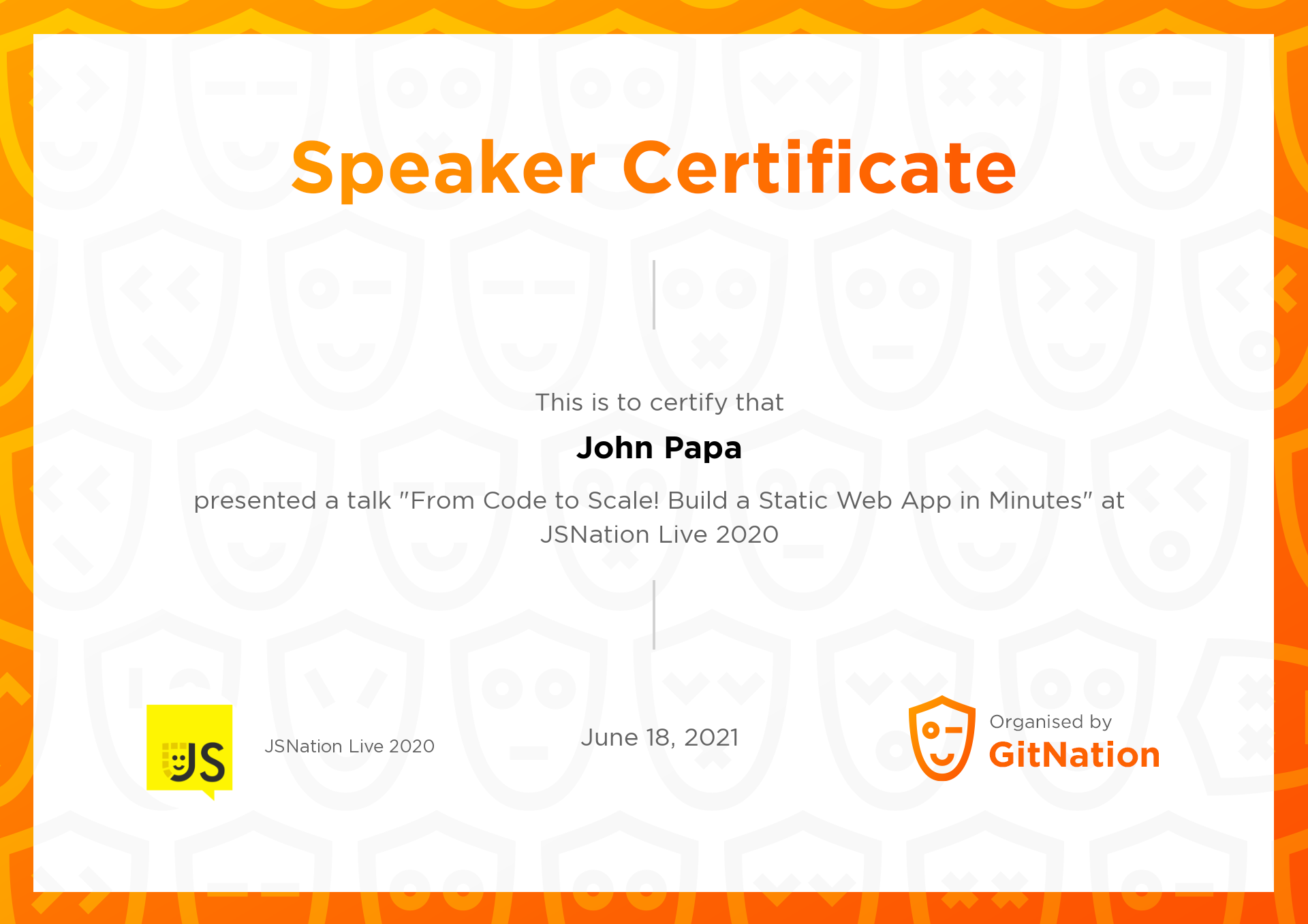 John Papa's Certificate from JSNation Live