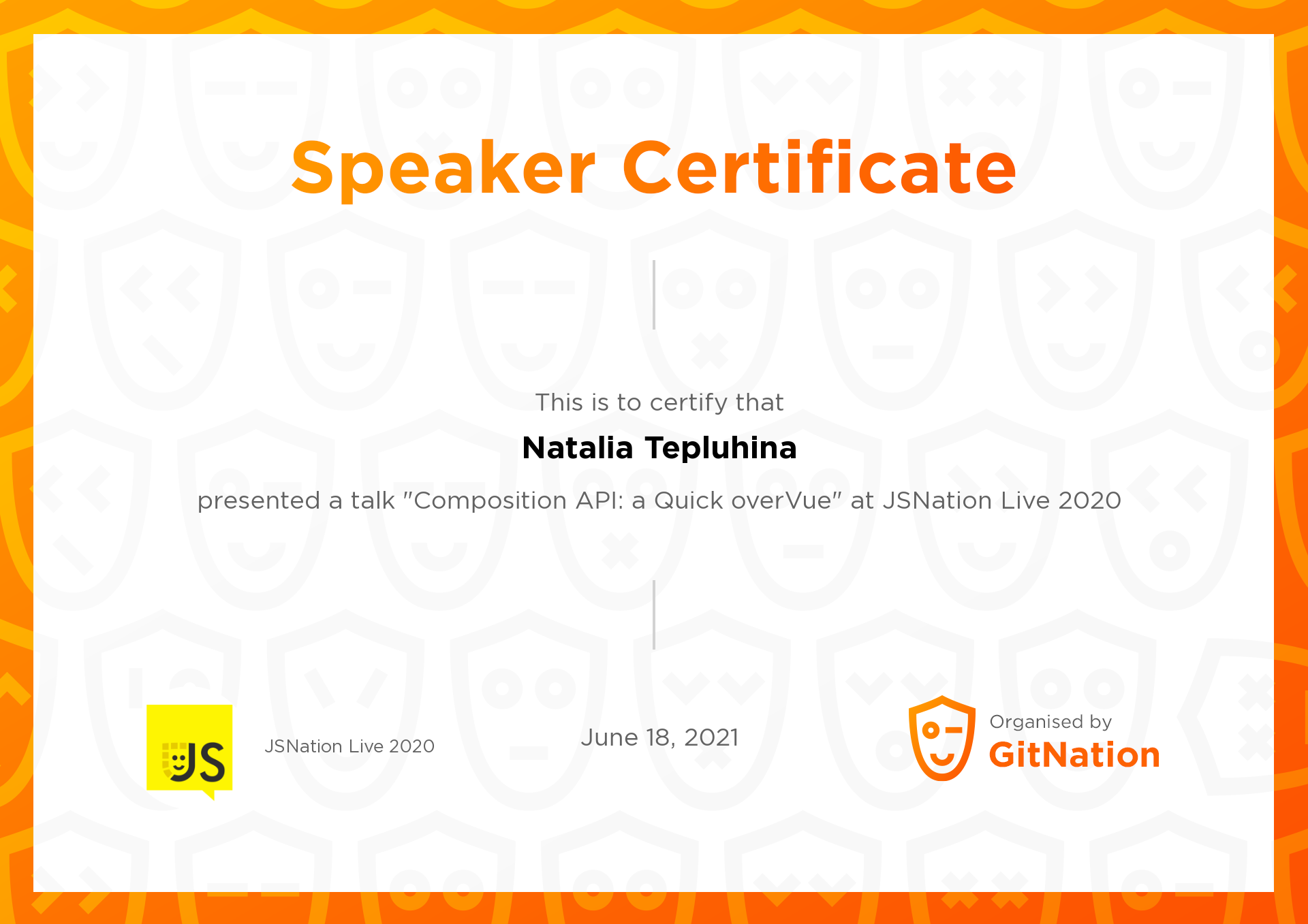 Natalia Tepluhina's Certificate from JSNation Live