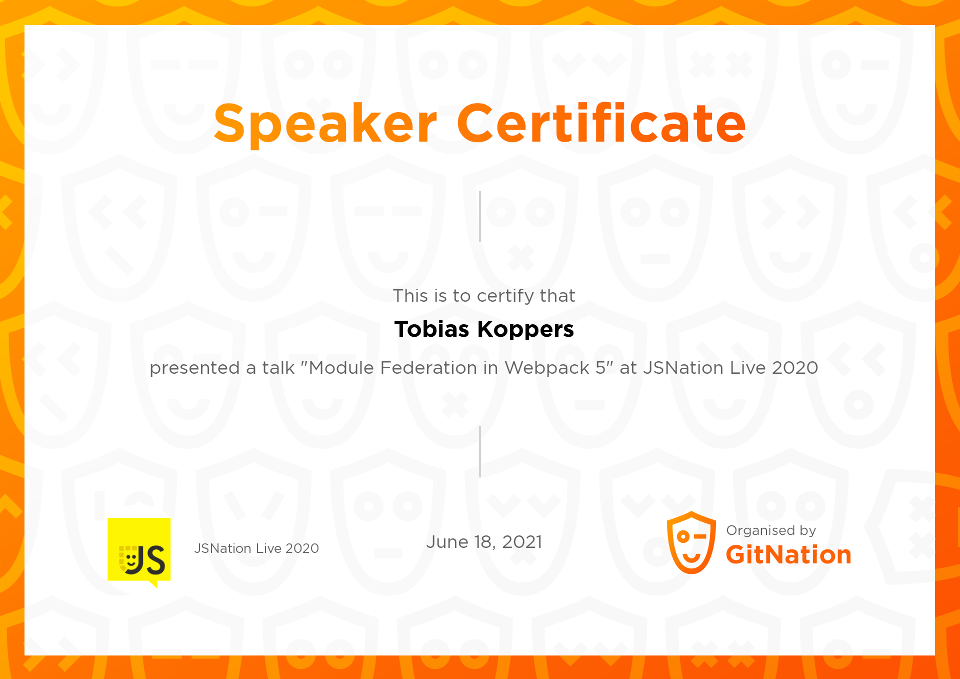 Tobias Koppers's Certificate from JSNation Live