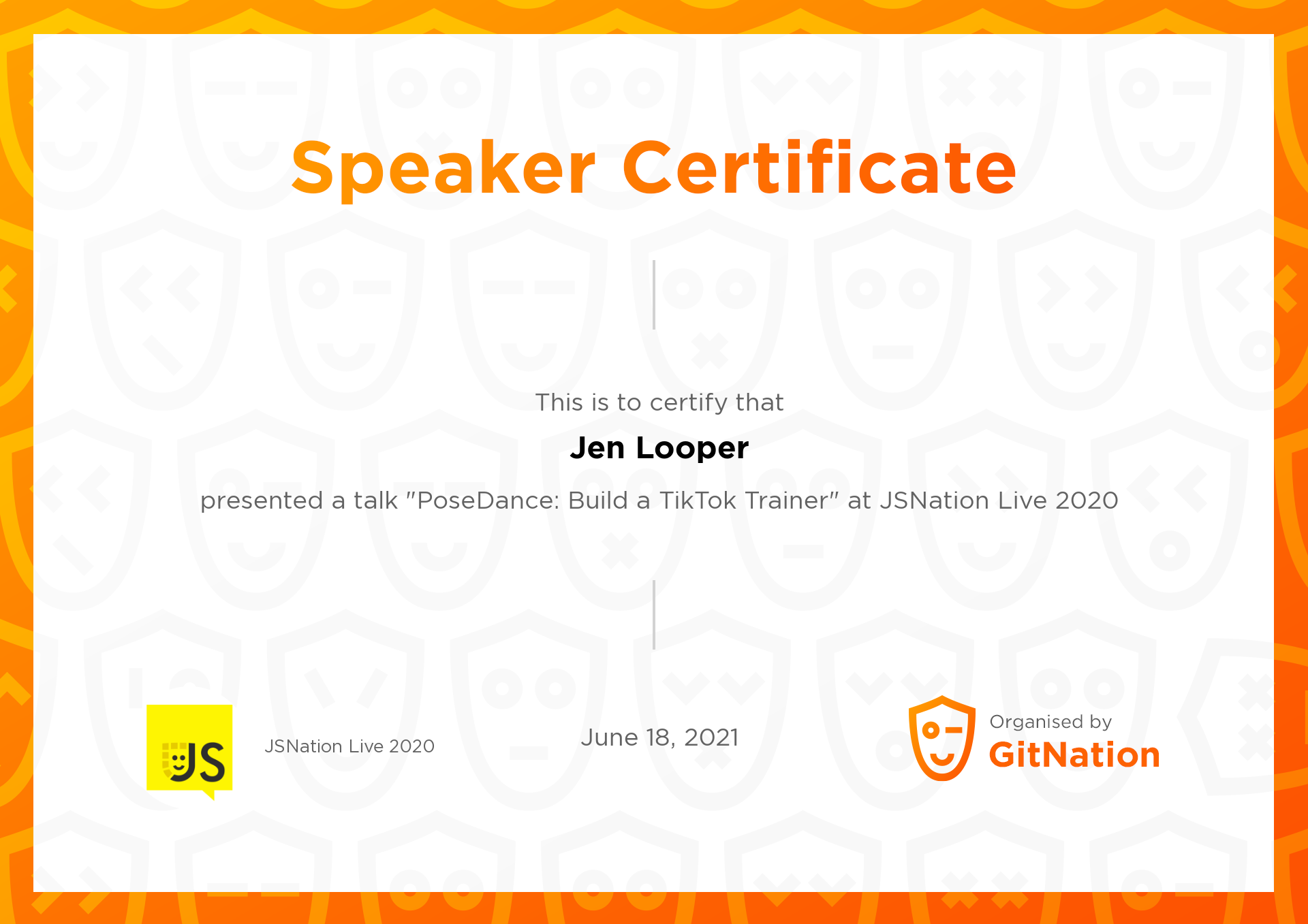 Jen Looper's Certificate from JSNation Live