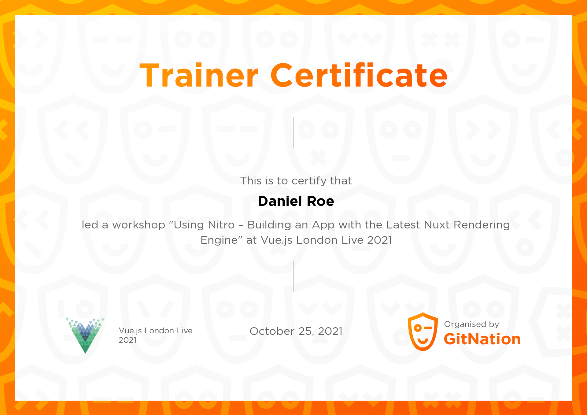 Daniel Roe's Certificate from Vue.js Live Conference