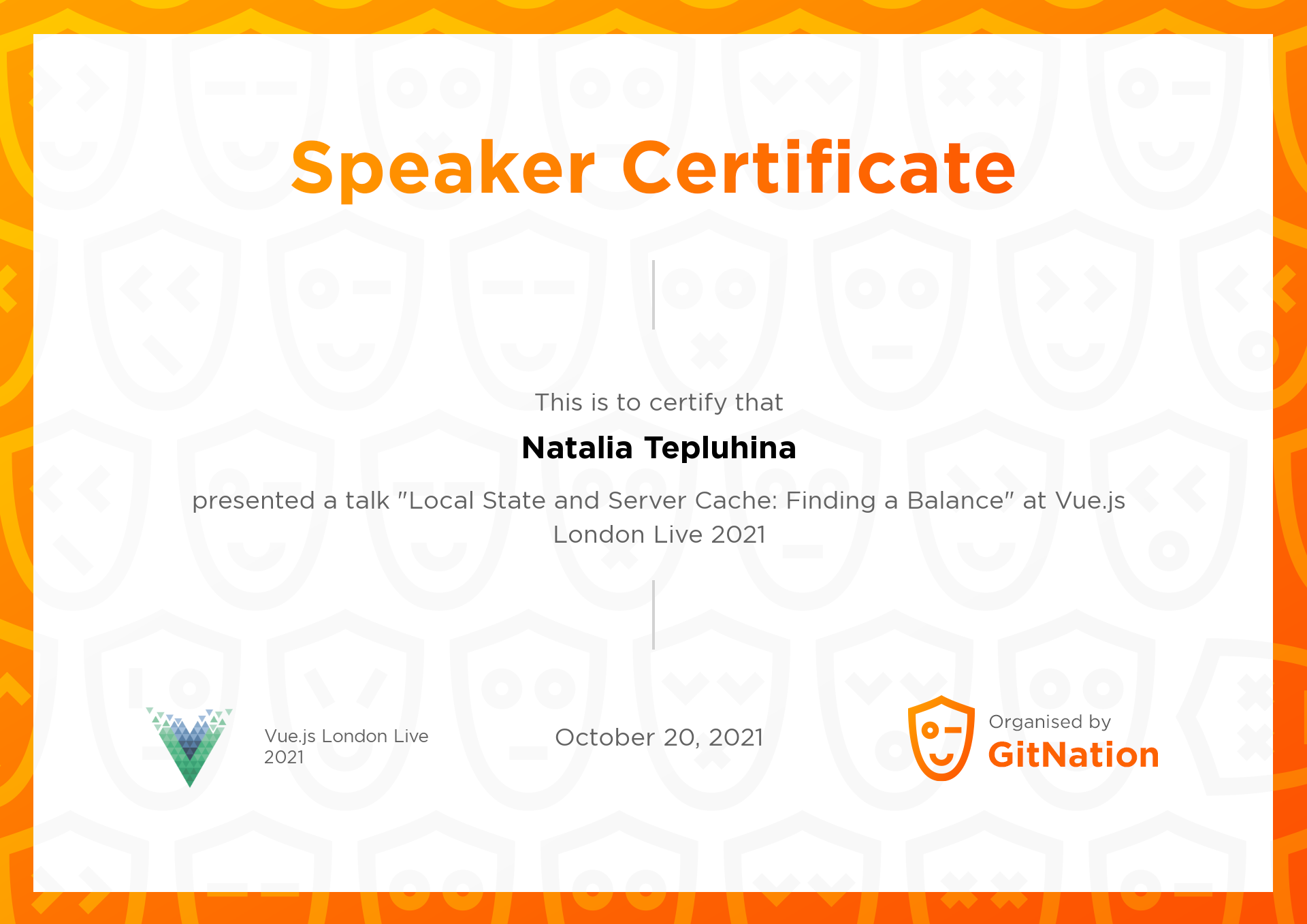 Natalia Tepluhina's Certificate from Vue.js Live Conference