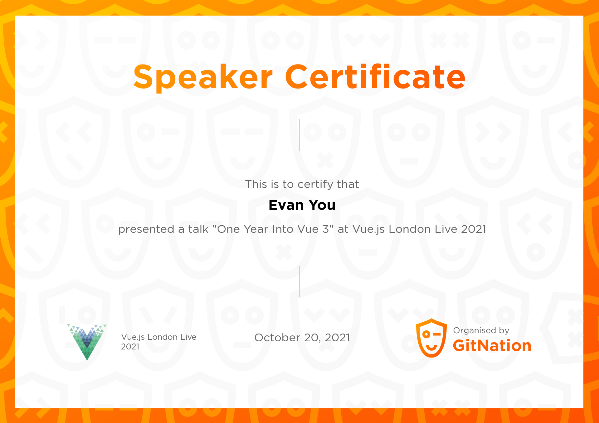 Evan You's Certificate from Vue.js Live Conference