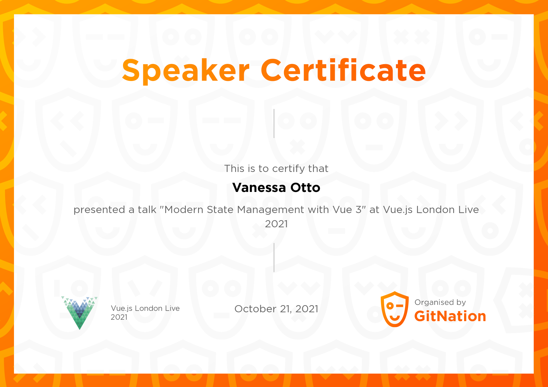 Vanessa Otto's Certificate from Vue.js Live Conference