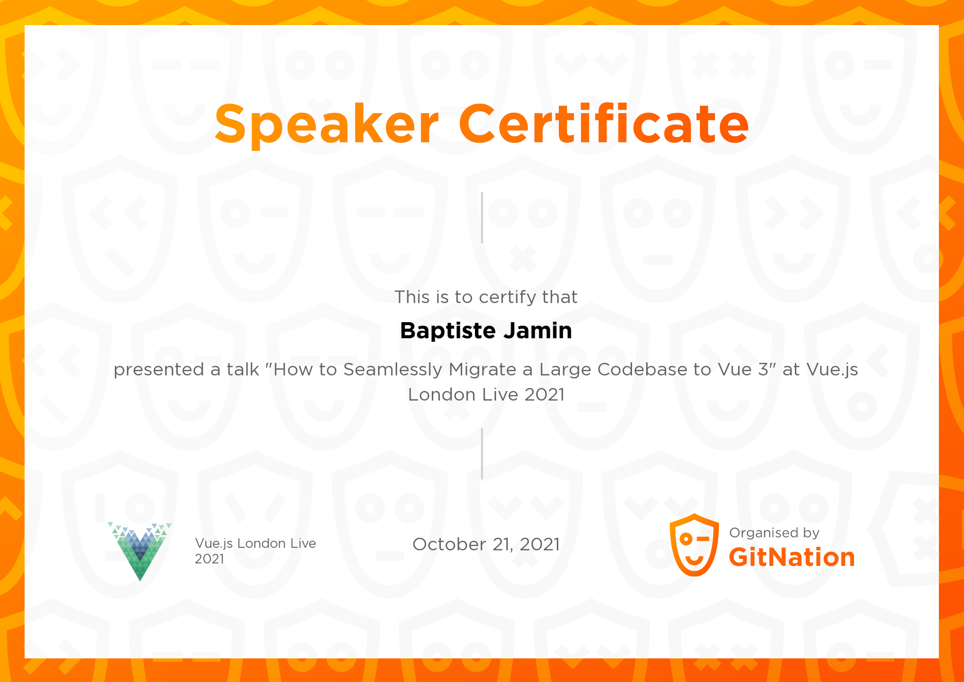 Baptiste Jamin's Certificate from Vue.js Live Conference