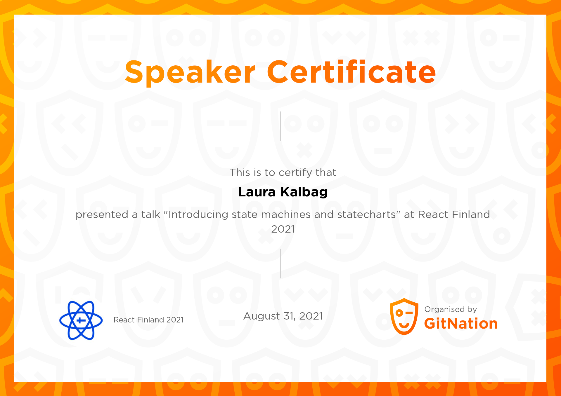 Laura Kalbag's Certificate from React Finland